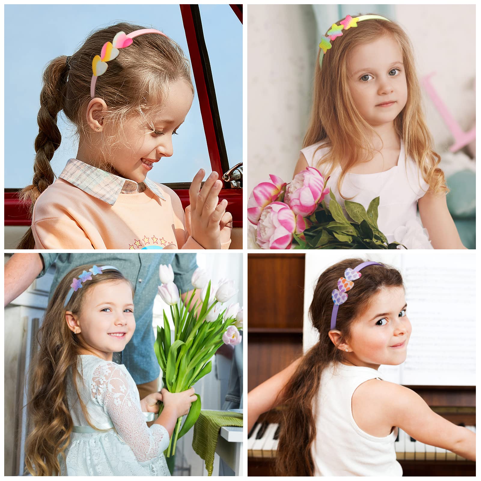 Sparkly Sequins Hair Bands for Girls - 10PCS Rainbow Glitter Headbands with Teeth, Cute Kids Bling Alice Bands (Star & Heart Designs) - Perfect for Birthday Parties, Dance Performances & Dress-Up Play