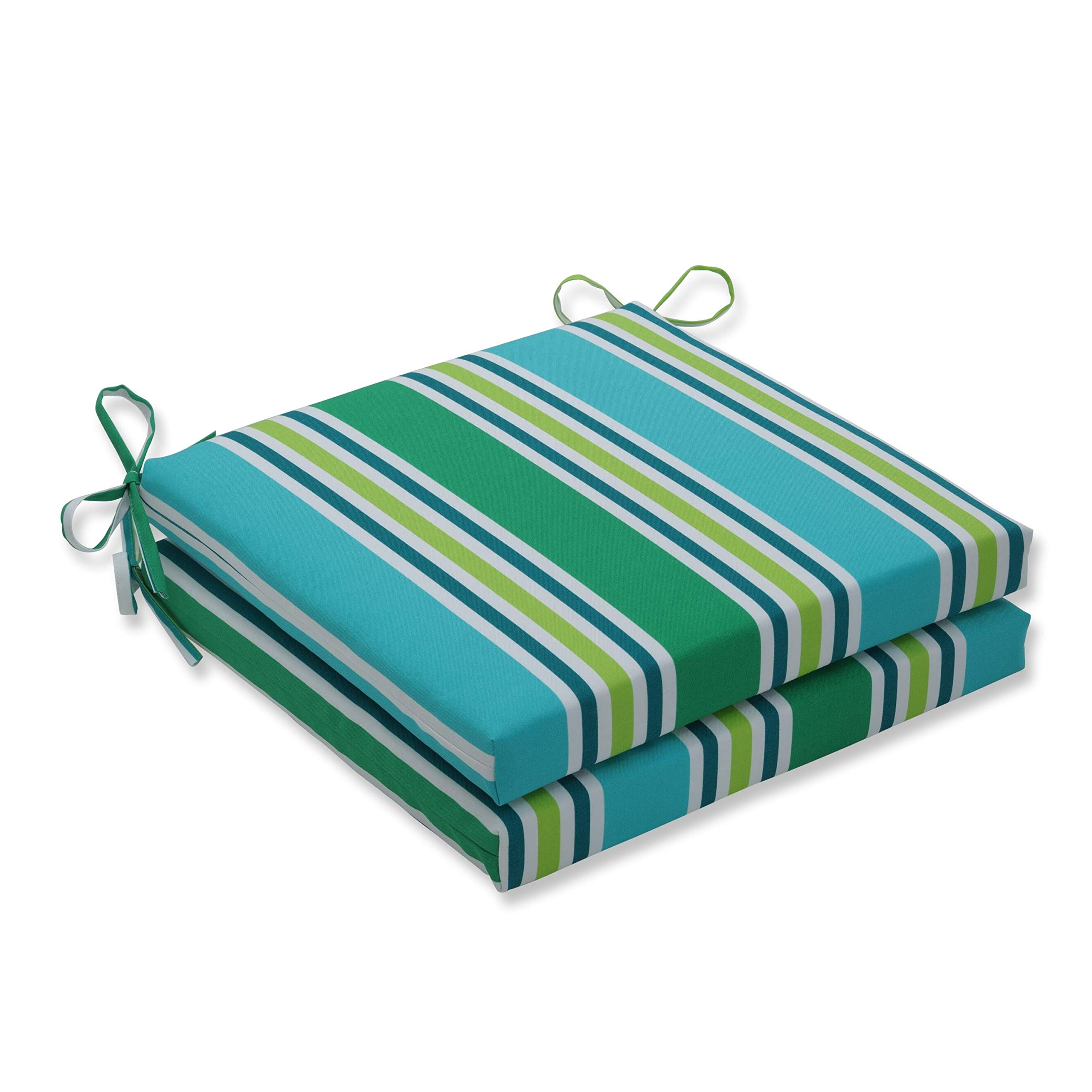 Pillow Perfect 20x20 Inch Stripe Square Chair Cushion with Ties - Plush Fiber Filled Indoor/Outdoor Seat Cushion - Weather & Fade Resistant - Blue Green Aruba (2 Pack) - Perfect for Patio Chairs, Porch Swings & Outdoor Furniture
