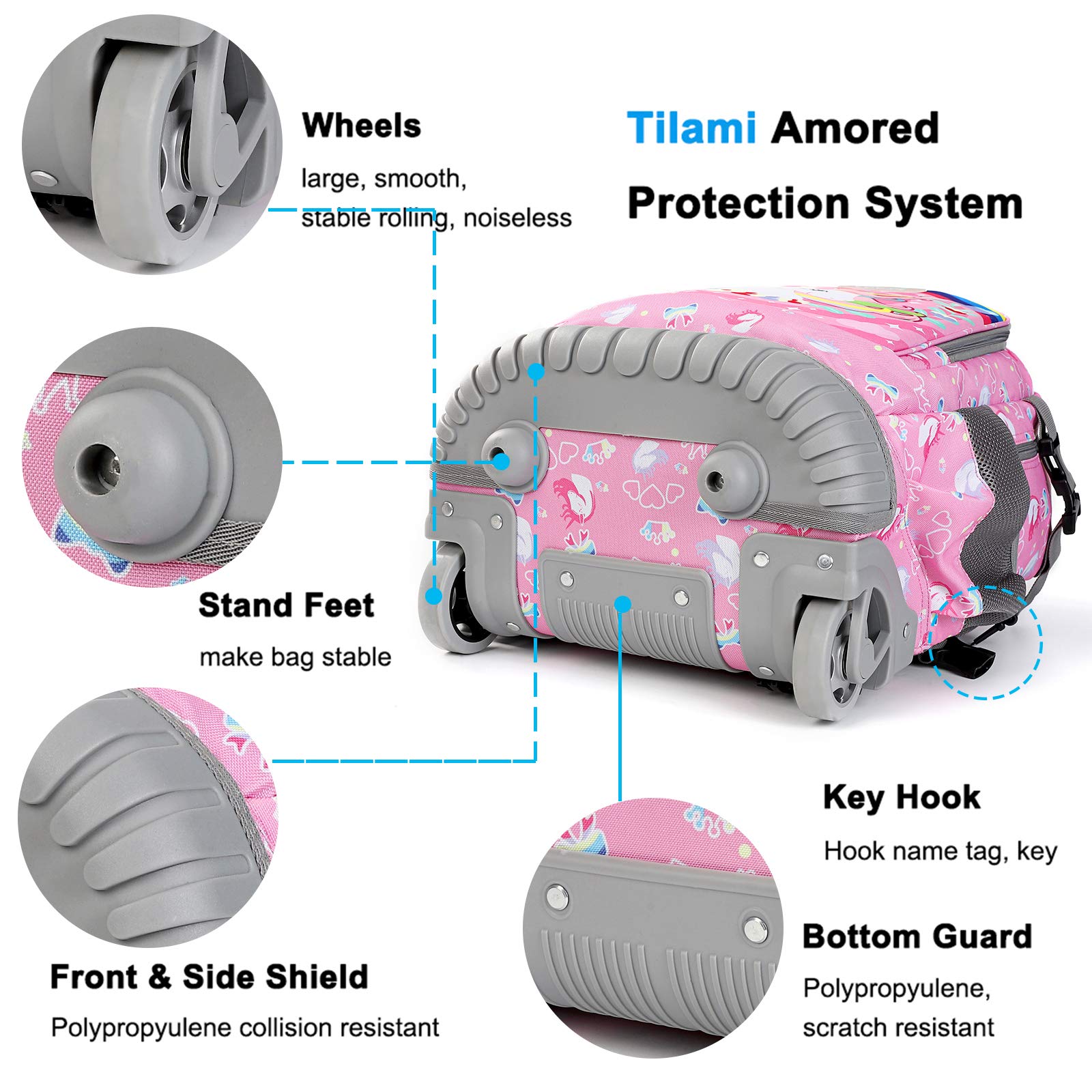 Tilami 19 Inch Rolling Backpack with Lunch Bag - Wheeled Laptop Backpack for School & Travel (Unicorn Pink) - Perfect for Students, Commuters & Business Professionals