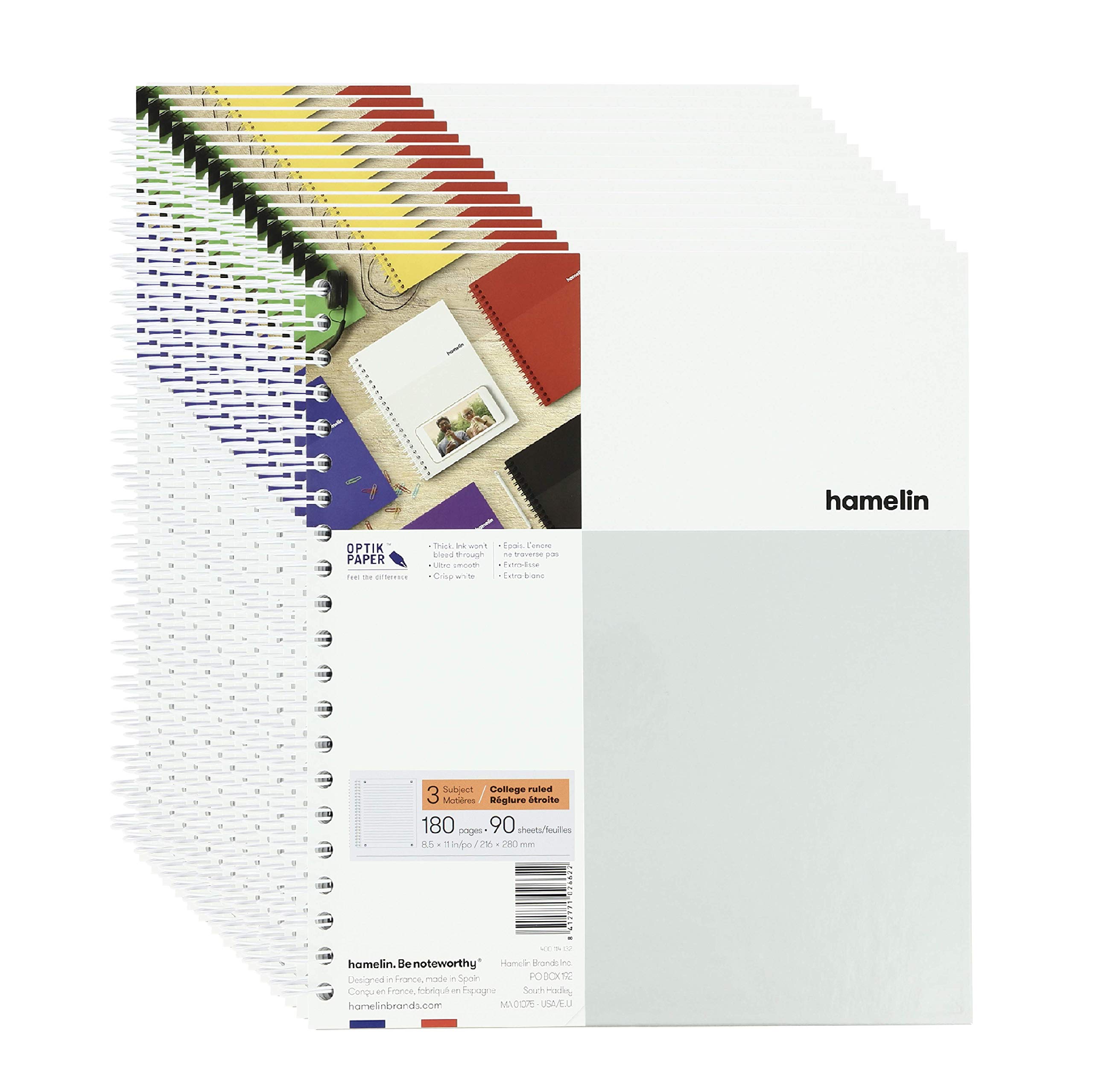 Hamelin 3 Subject College Ruled Spiral Notebook, 8.5x11 Inch, ICE White - Case of 15 Notebooks for School, Office & Note Taking - Perfect for Students, Professionals & Journaling