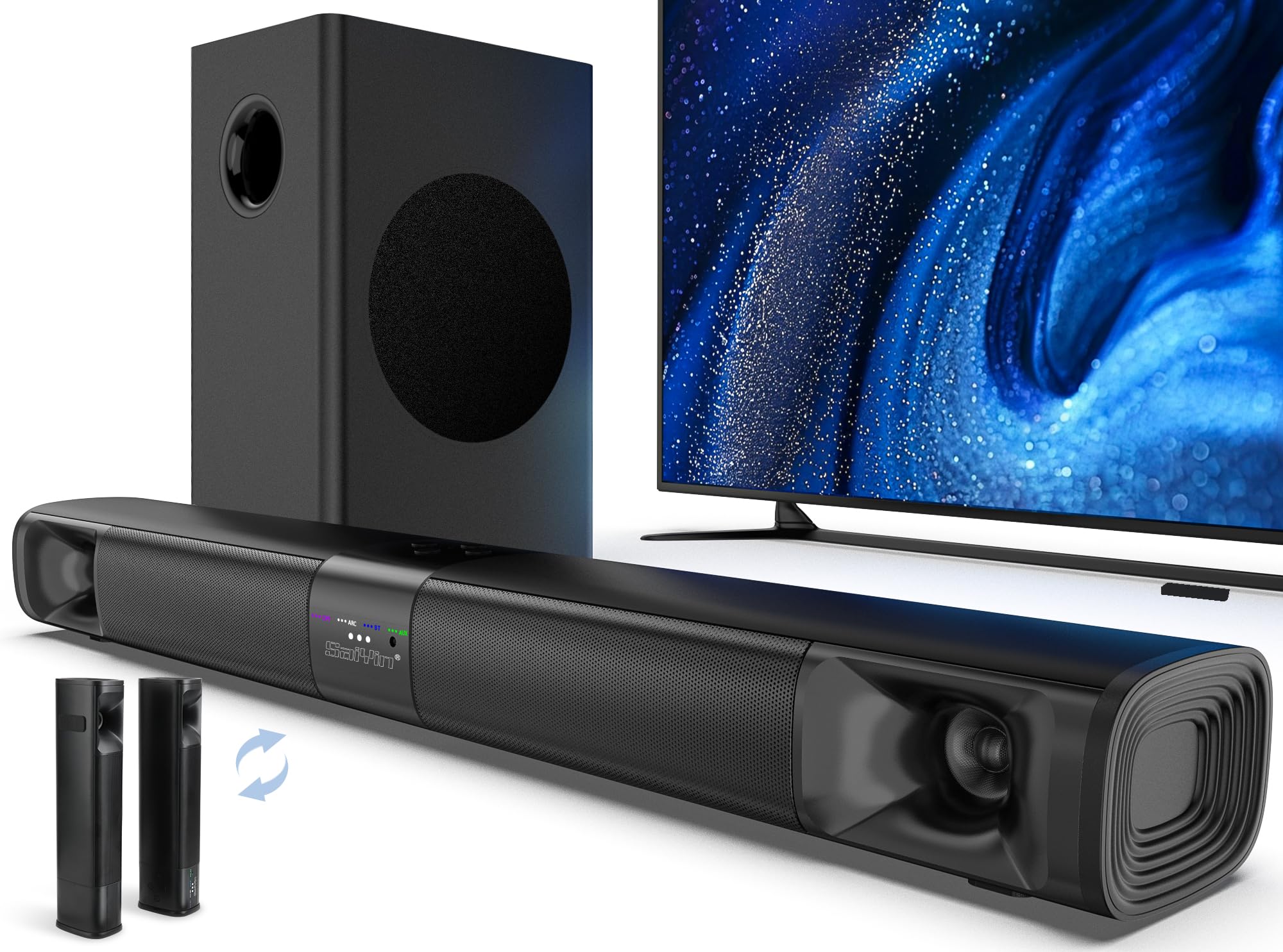 Saiyin 100W Sound Bar with Subwoofer for Smart TV - Detachable Home Theater System with Horn Tweeter, Adjustable Bass, HDMI-ARC, Bluetooth, Optical & AUX - Perfect for Movie Nights & Gaming
