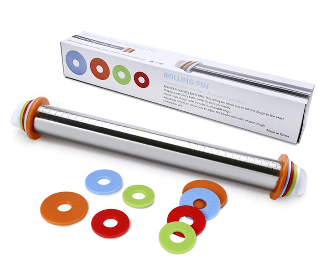 17 Inch Adjustable Stainless Steel Rolling Pin with 4 Thickness Rings - Non Stick Dough Roller for Baking Pizza, Pie, Cookies & Pastry | Perfect for Home Bakers & Professional Kitchens