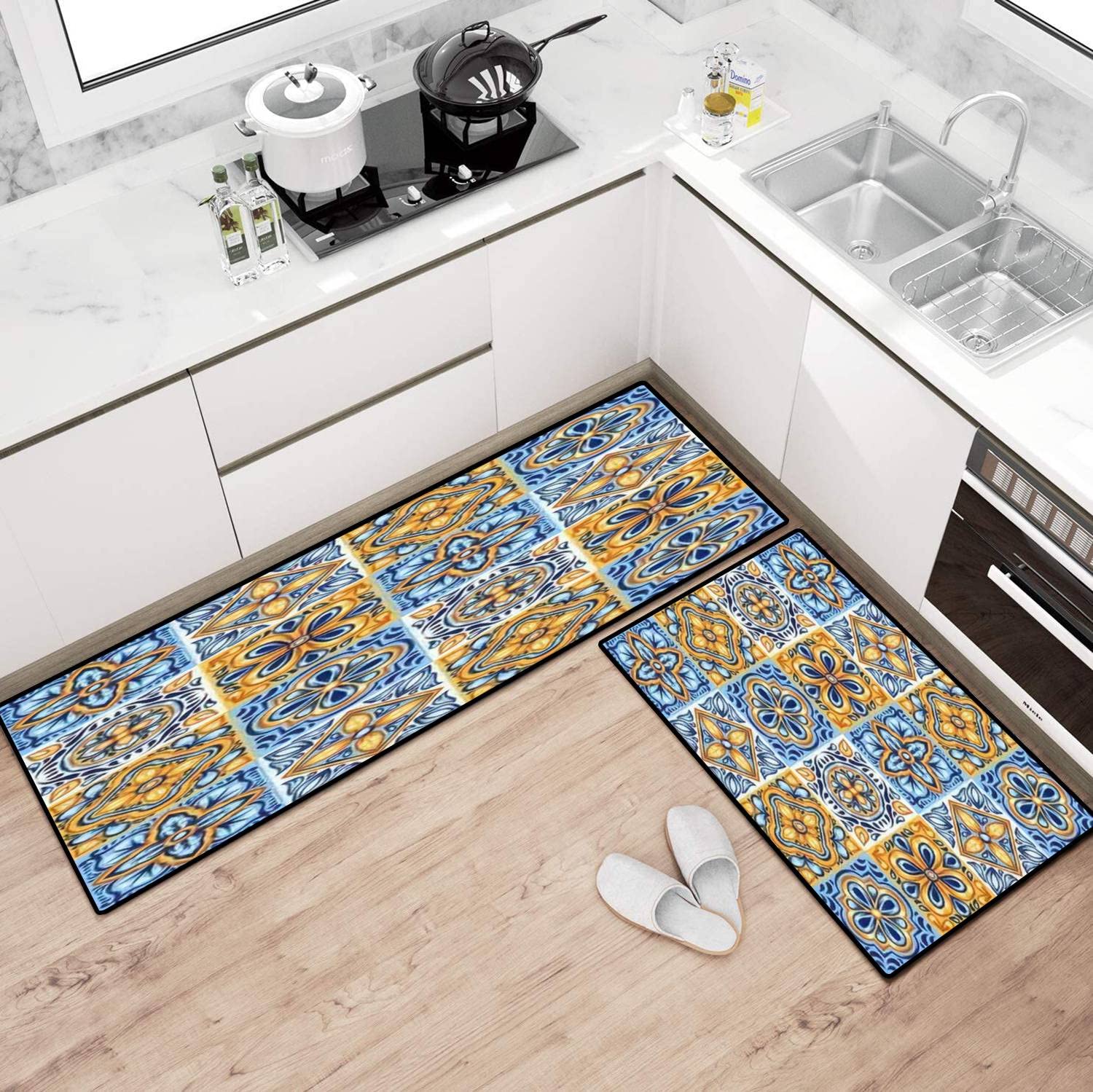Italian Ceramic Tile Kitchen Rugs Set - Non-Slip Washable Mediterranean Porcelain Pottery Floor Mat - Ethnic Folk Decor for Kitchen, Bathroom & Entryway - Comfort Standing Mats for Home Decor & Safety