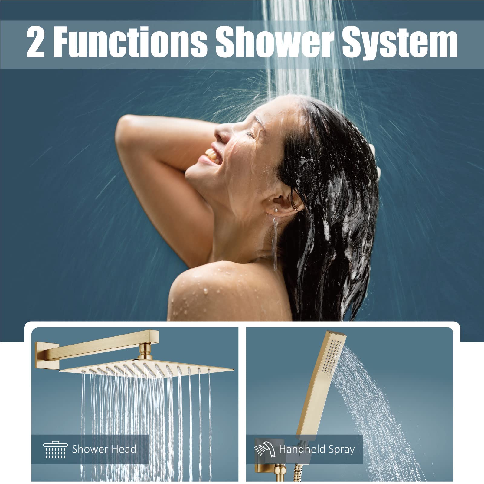 Aolemi 10 Inch Wall Mount Shower Faucet Set - Brushed Gold Rain Shower System with Handheld Spray, Rough-in Valve & Trim Kit | Bathroom Shower Combo for Luxurious Spa-like Experience at Home
