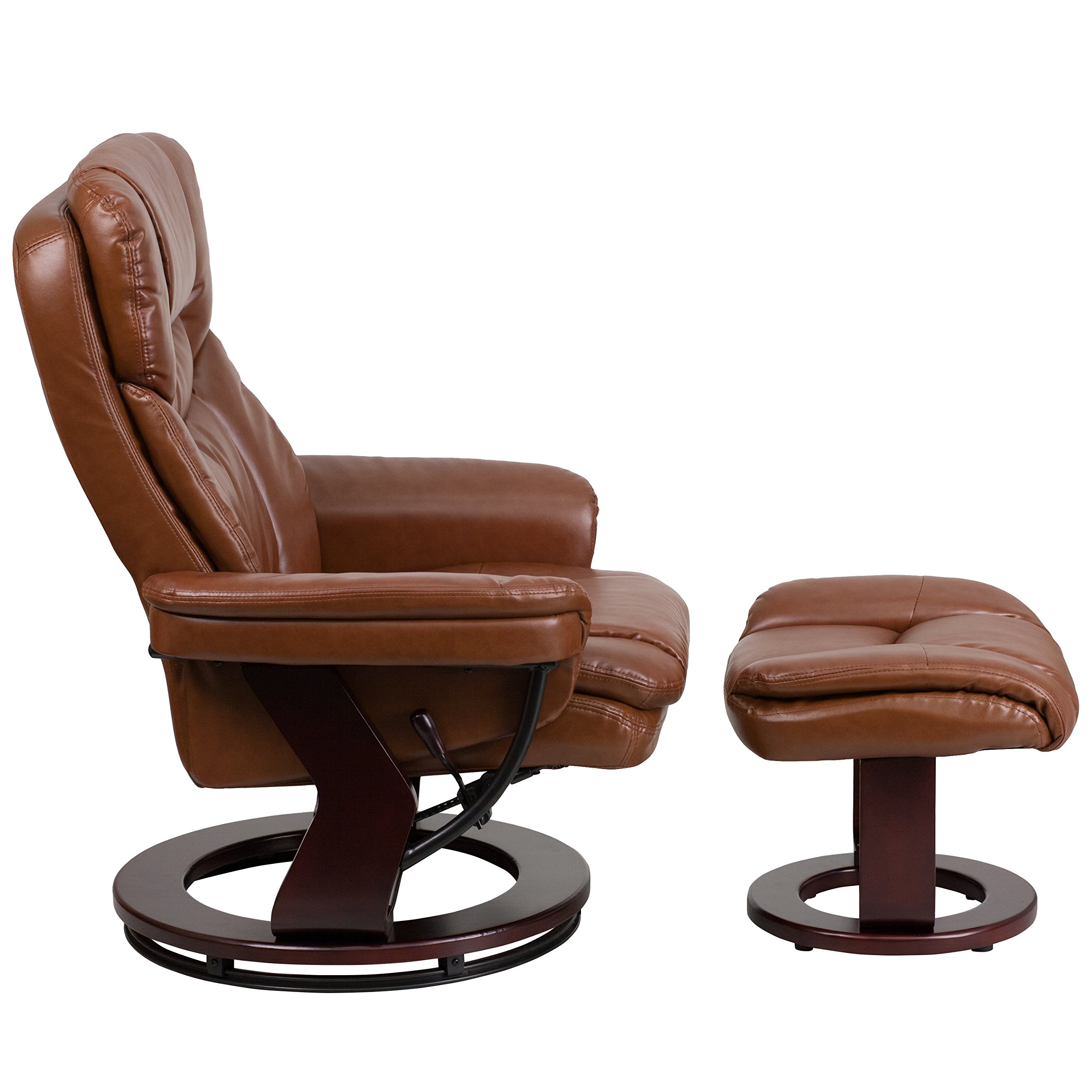 EMMA + OLIVER Multi-Position Recliner Chair with Curved Ottoman - Swivel Wood Base in Vintage LeatherSoft - Perfect for Living Room, Home Theater & Office Relaxation