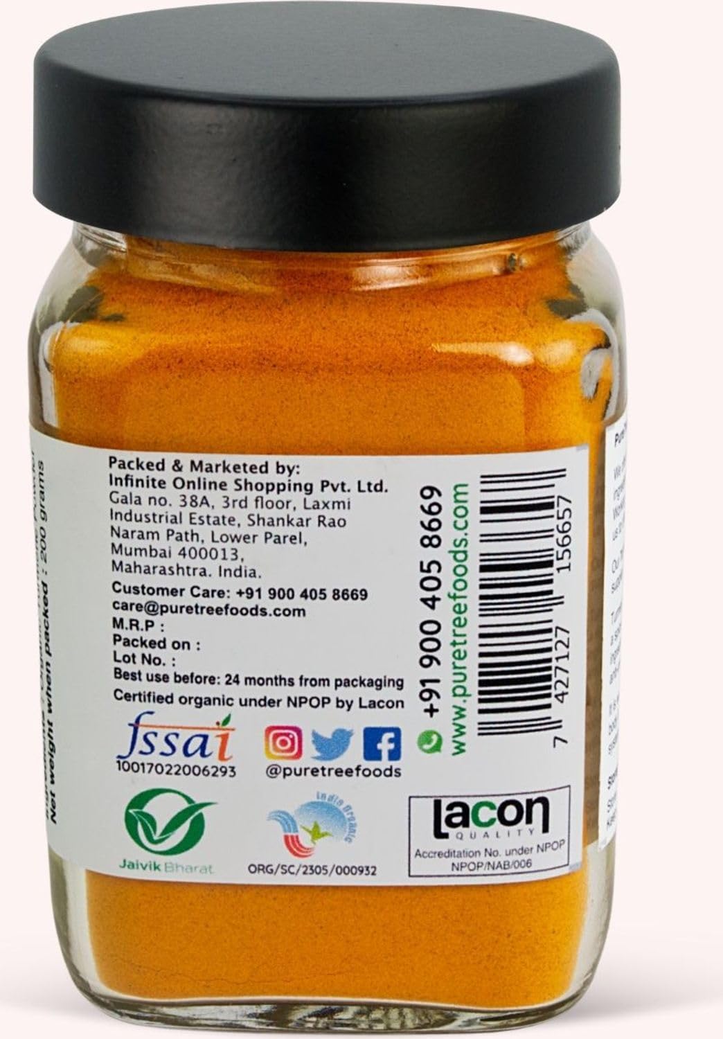 Pure Tree Certified Organic Turmeric Powder (Haldi) - 200g in Glass Jar | USDA Organic Spice for Cooking, Golden Milk & Health | Strong Antioxidant for Smoothies, Tea & Recipes