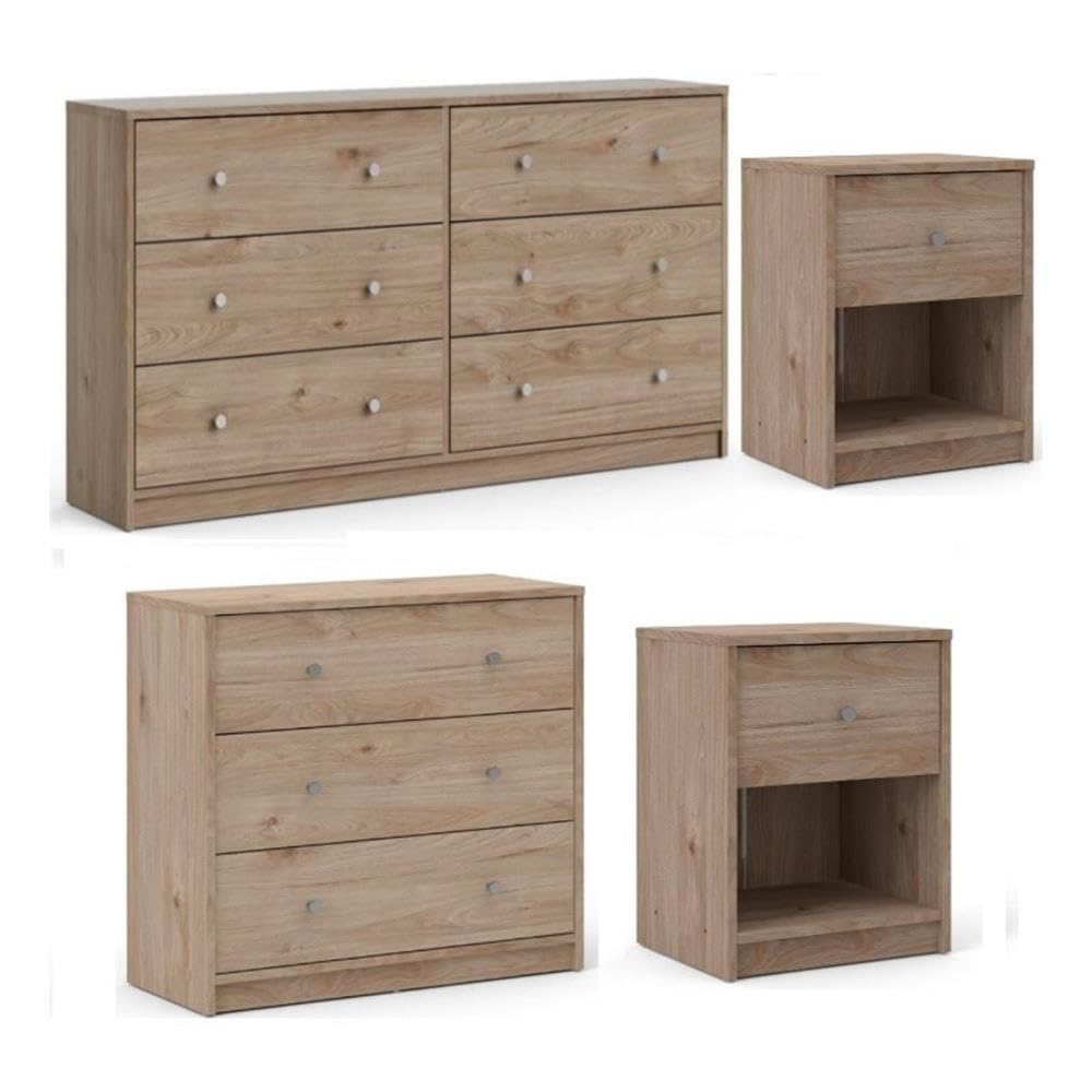 Scandinavian 4-Piece Bedroom Furniture Set with 6-Drawer Dresser, 3-Drawer Chest & Nightstands - Modern Pewter Handles, Smooth Glides - Jackson Hickory Finish for Cozy Bedroom Decor