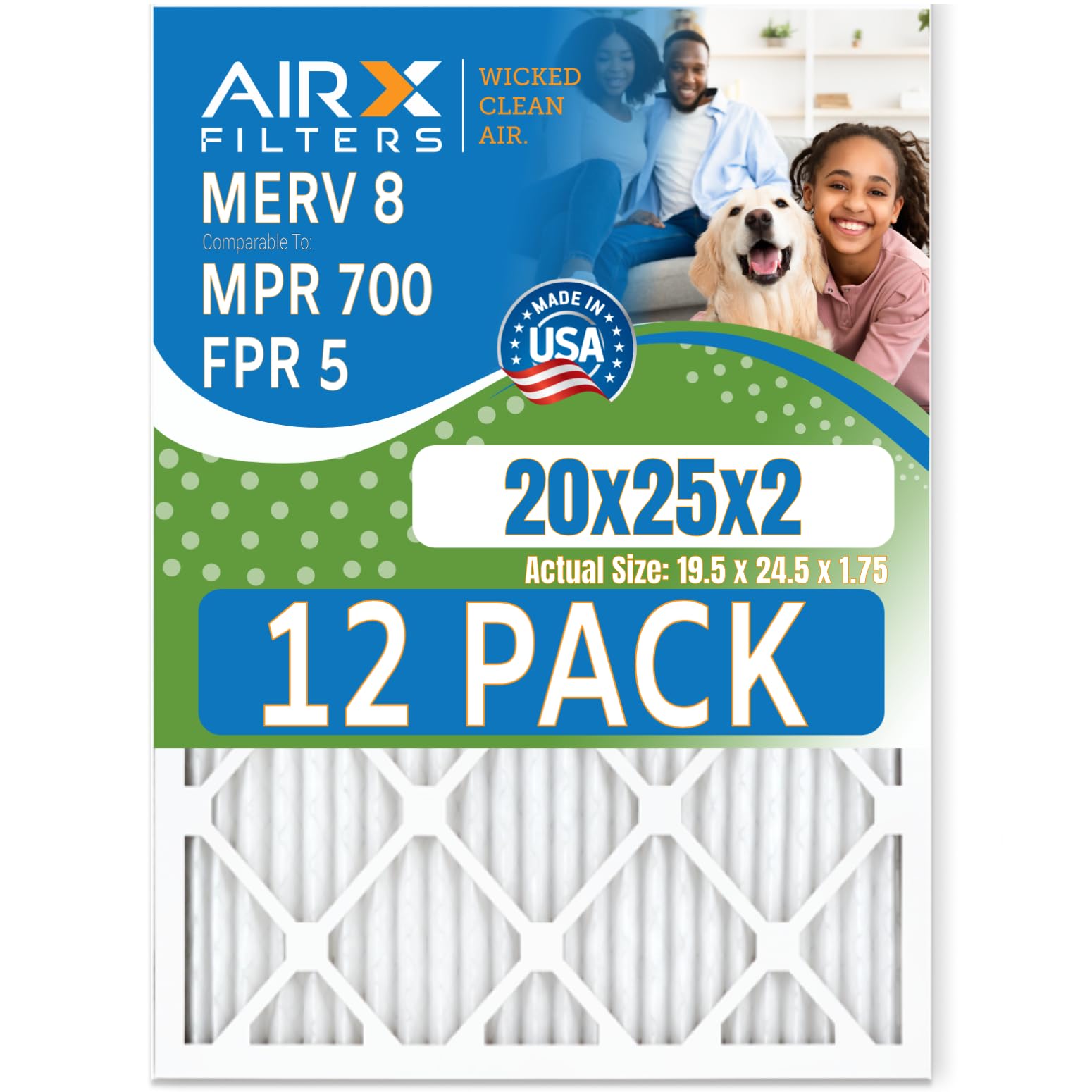 20x25x2 MERV 8 Air Filters (12 Pack) - Premium Furnace Filters Comparable to MPR 700 & FPR 5 - Made in USA by AIRX FILTERS - Perfect for HVAC Systems, Home Air Purification & Allergy Relief