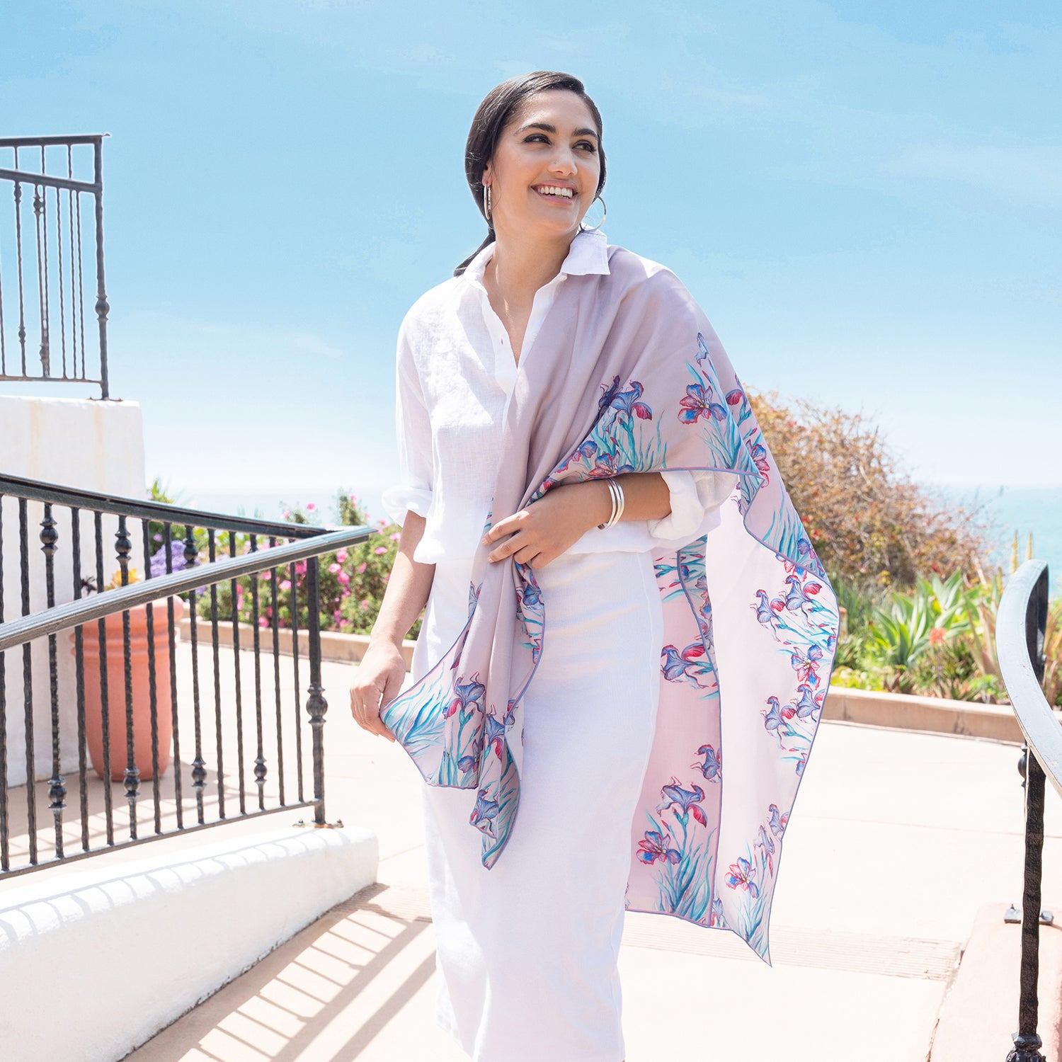 Iris Serenity Long Silk Scarf - Elegant Womens Fashion Accessory for Office, Evening & Travel