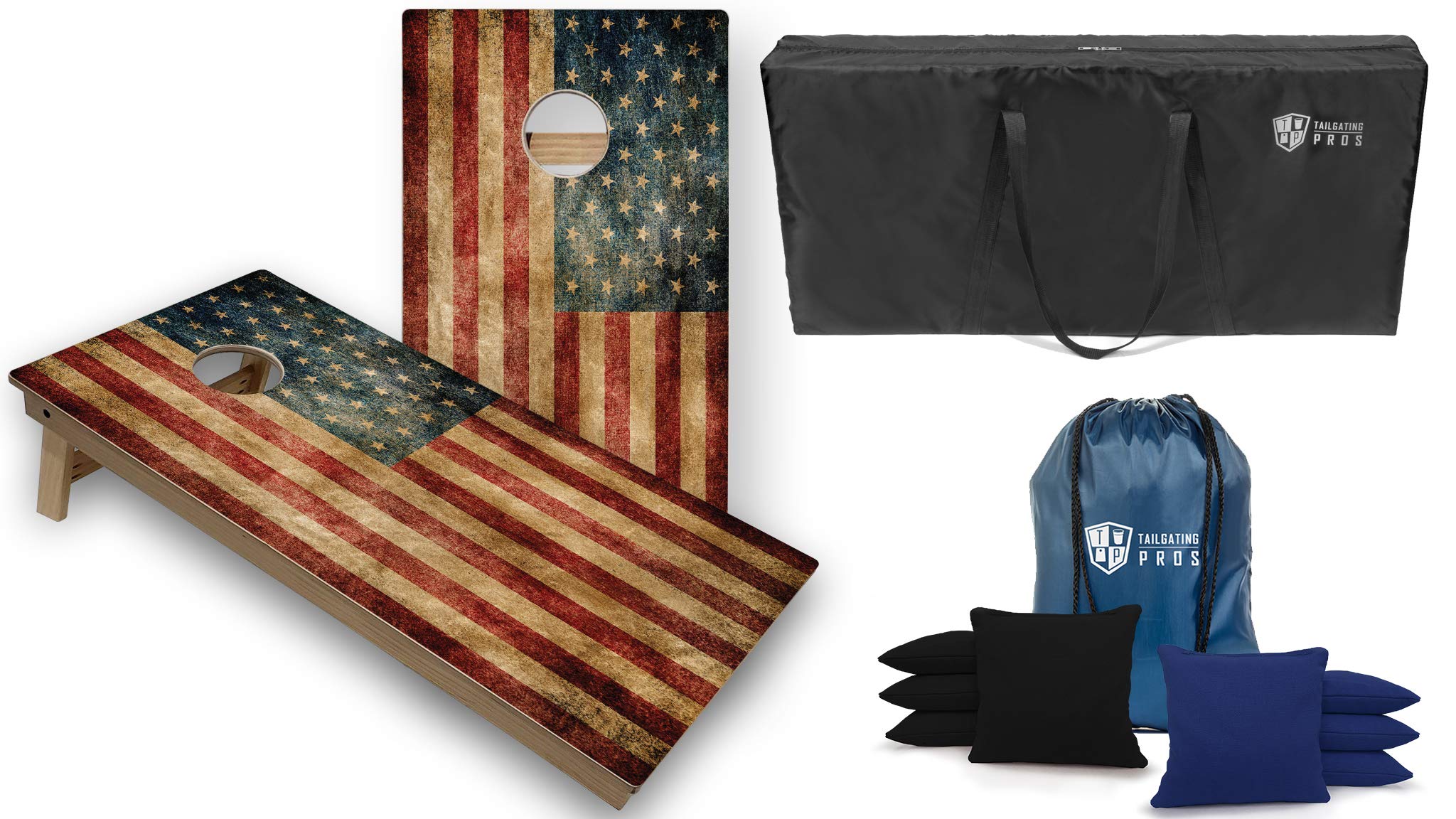 Tournament Grade Cornhole Game Set – 2 Professional 4'x2' Distressed Flag Regulation Baltic Birch Cornhole Boards with Carrying Case & 8 Bags – Optional LED Lights – Perfect for Tailgating, Backyard Parties, and Outdoor Events