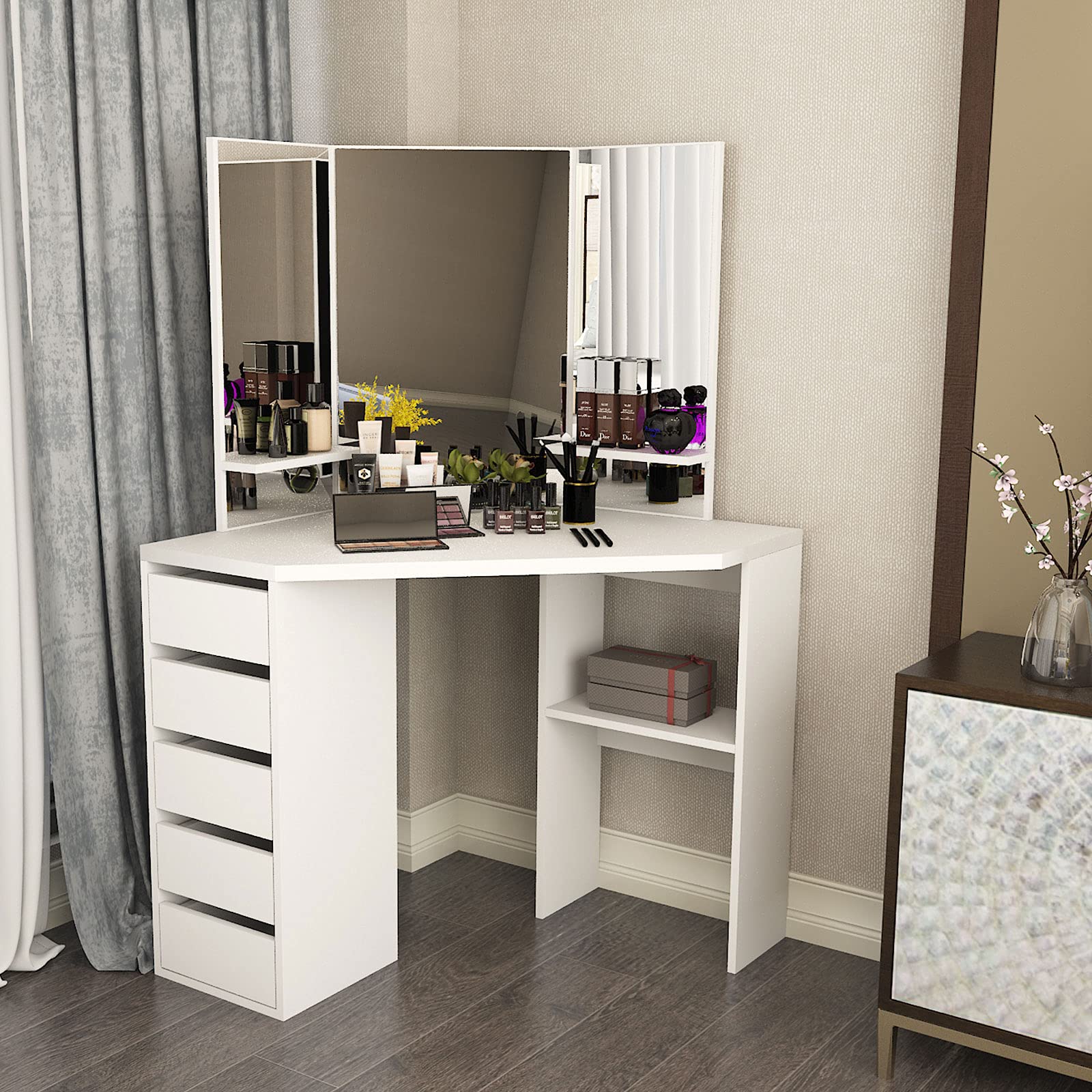 Corner Makeup Vanity Table with Mirror, Makeup Desk with Counter Space & 5 Drawers - Dressing Room & Bedroom Furniture for Women, Girls | Perfect for Home Beauty Salon, Bedroom Organization & Makeup Storage