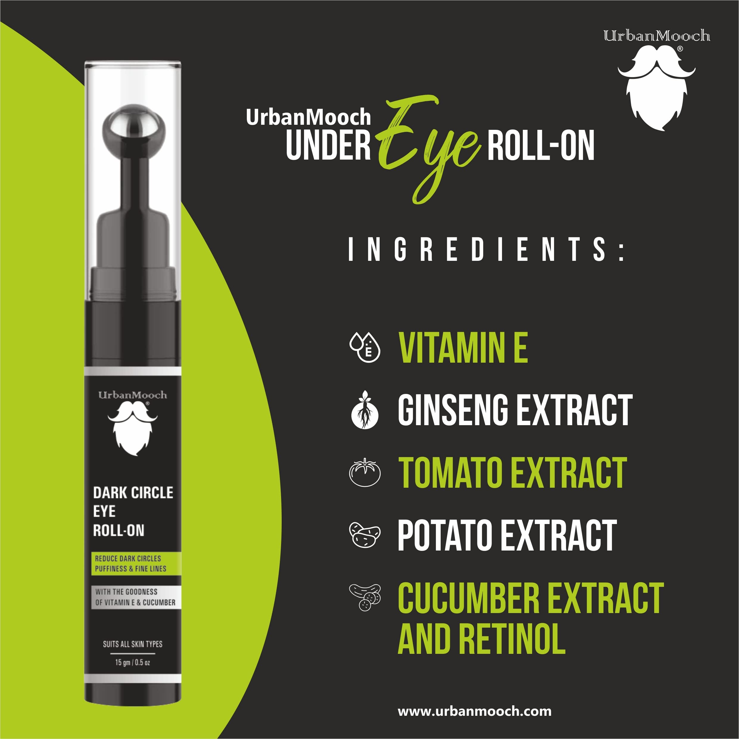 UrbanMooch Under Eye Cream for Men - Dark Circle Treatment with Cooling Massage Roller | Reduces Puffiness & Fine Lines | Enriched with Vitamin E, Ginseng Extract & Retinol | 15g | Perfect for Morning Routine & Night Care