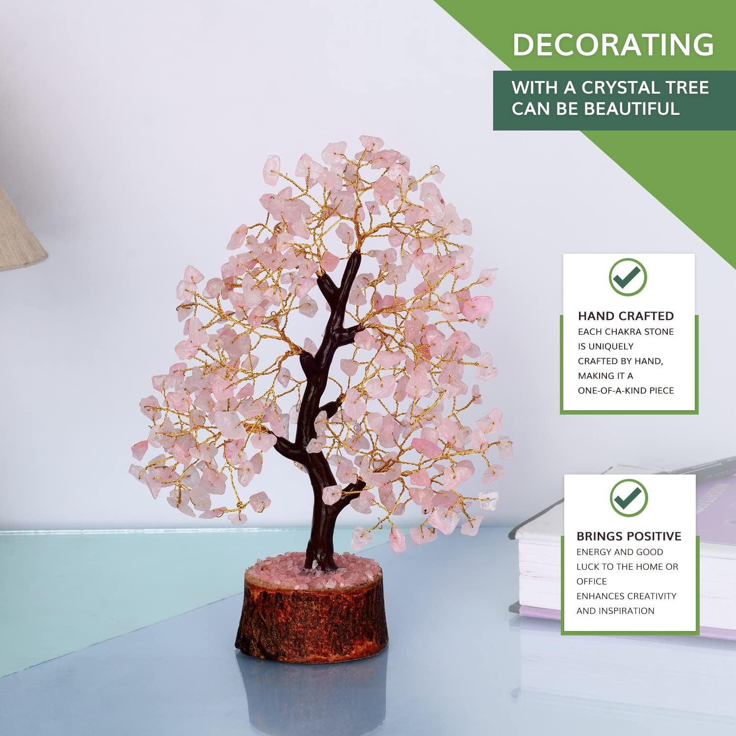 Rose Quartz Crystal Tree - Feng Shui Gemstone Tree for Positive Energy & Chakra Healing | Spiritual Meditation Gift, Zen Desk Decor, Shelf Display for Home Office & Healing Space
