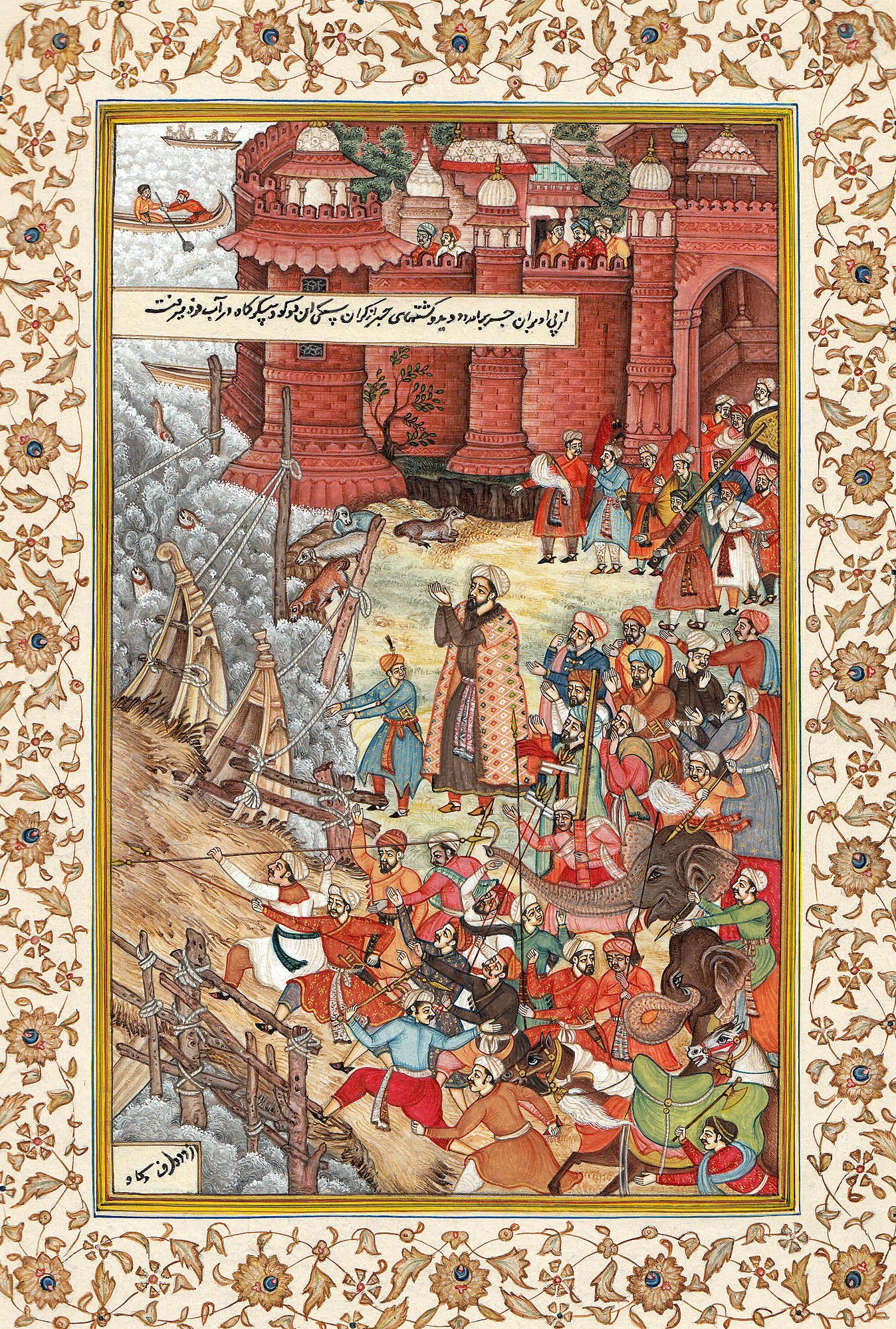 Original Watercolor Painting 'Akbar Restrains Hawaai and Enraged Elephant' by Artist Navrang - Mughal Art Collectible for Home Decor & Indian History Enthusiasts
