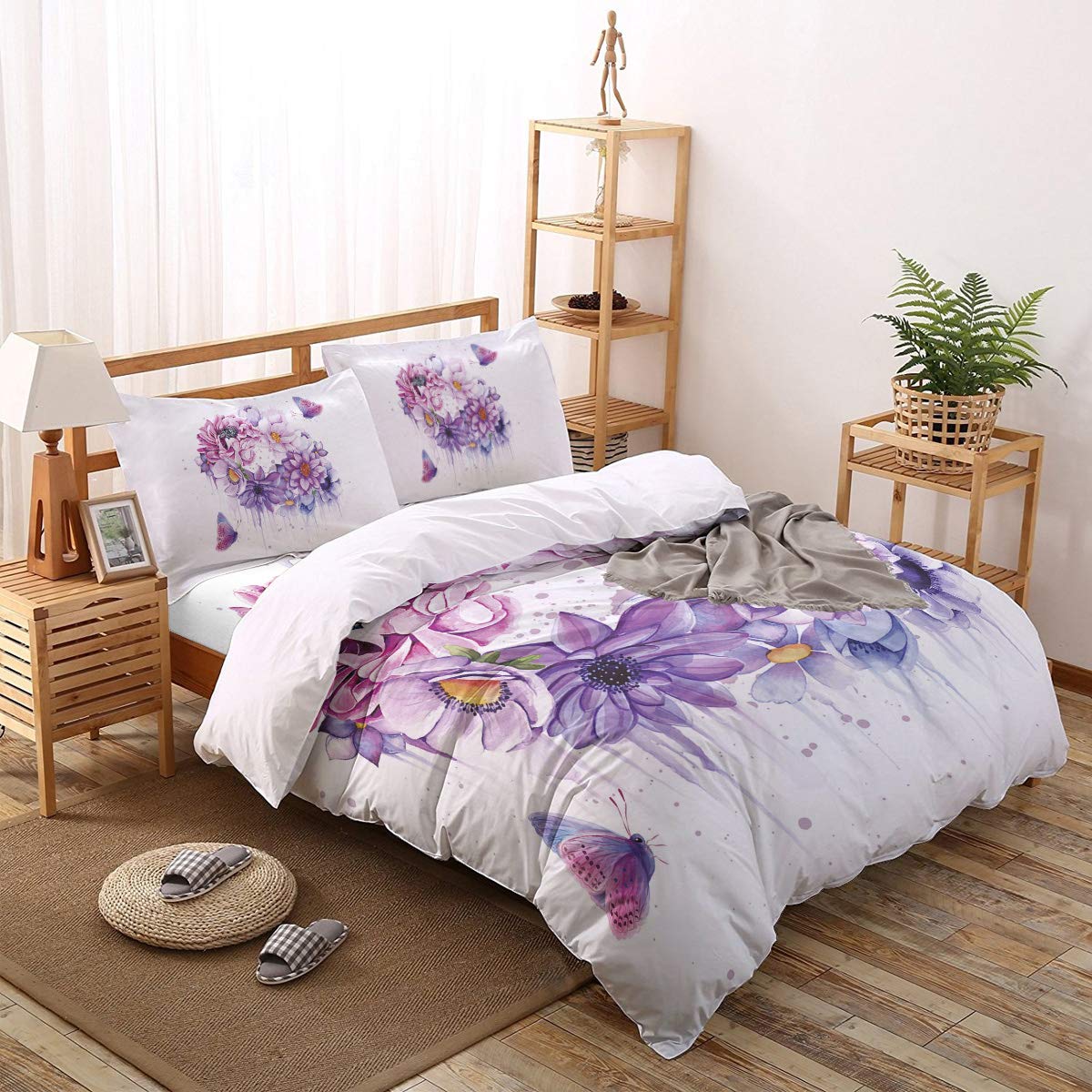 Luxury 4-Piece Full Size Duvet Cover Set - Spring Butterfly Floral Watercolor Design in Dreamy Purple & Pink | Soft Bedding Set Includes 1 Duvet Cover, 1 Fitted Sheet & 2 Pillowcases | Perfect for Master Bedroom, Guest Room & Dorm Decor