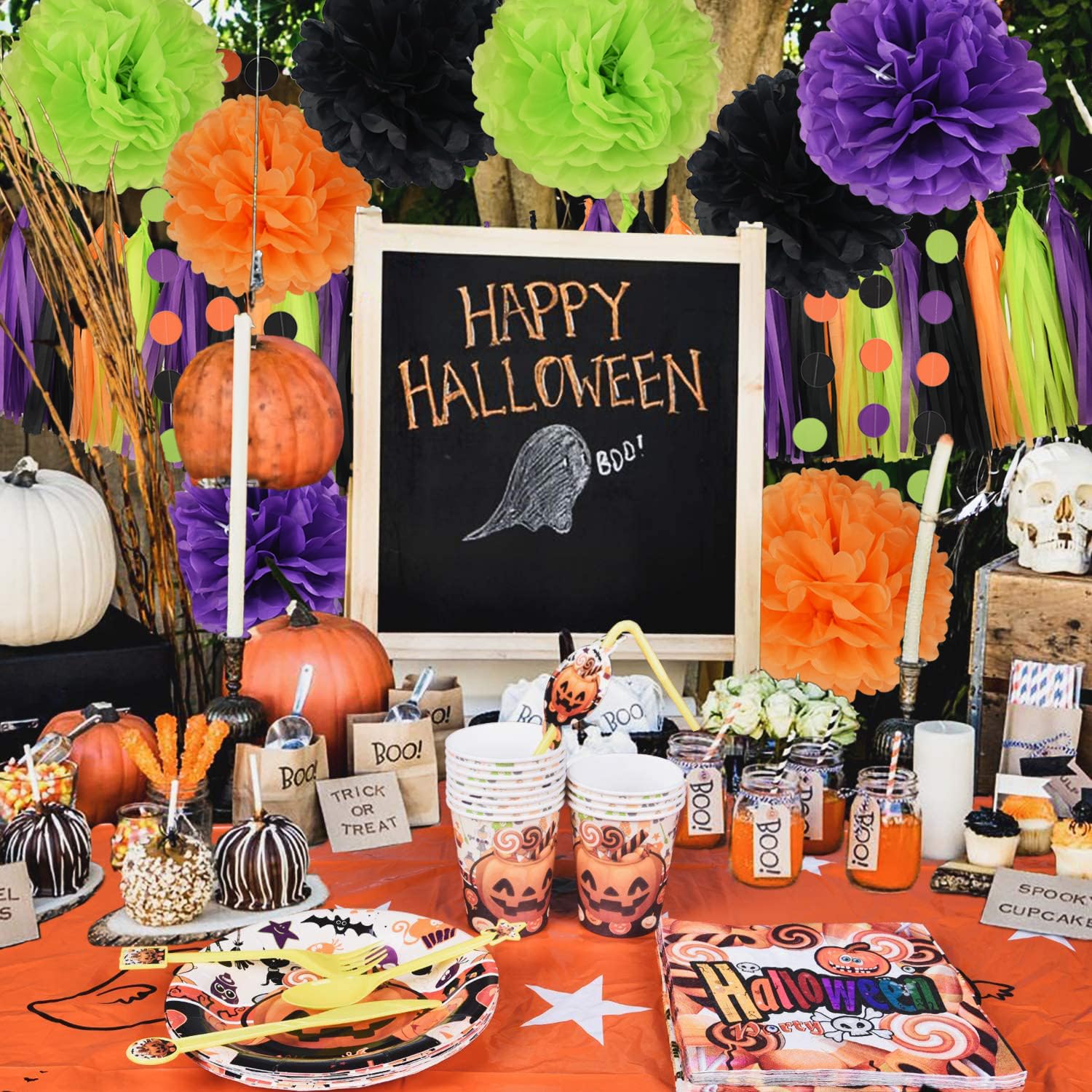 Halloween Car Decorations Kit - Hocus Pocus Trunk or Treat SUV Decor Set with Orange Black Purple Green Tissue Paper Pom Poms | Perfect for Halloween Parties, Birthday Celebrations & Baby Showers