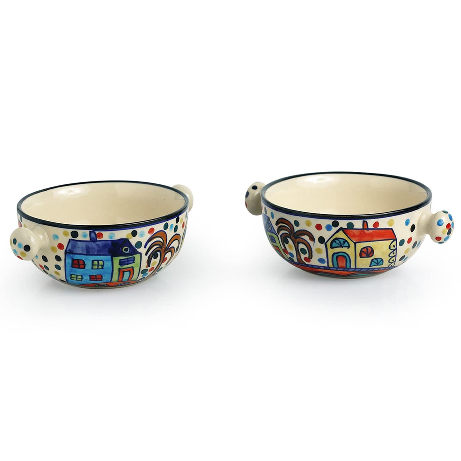 ExclusiveLane Ceramic Serving Bowls Set - 2 Piece 260ml Microwave Safe Handled Bowls for Snacks, Soup, Salad & Desserts | Colorful Kitchen & Dining Tableware for Home, Parties & Gifting