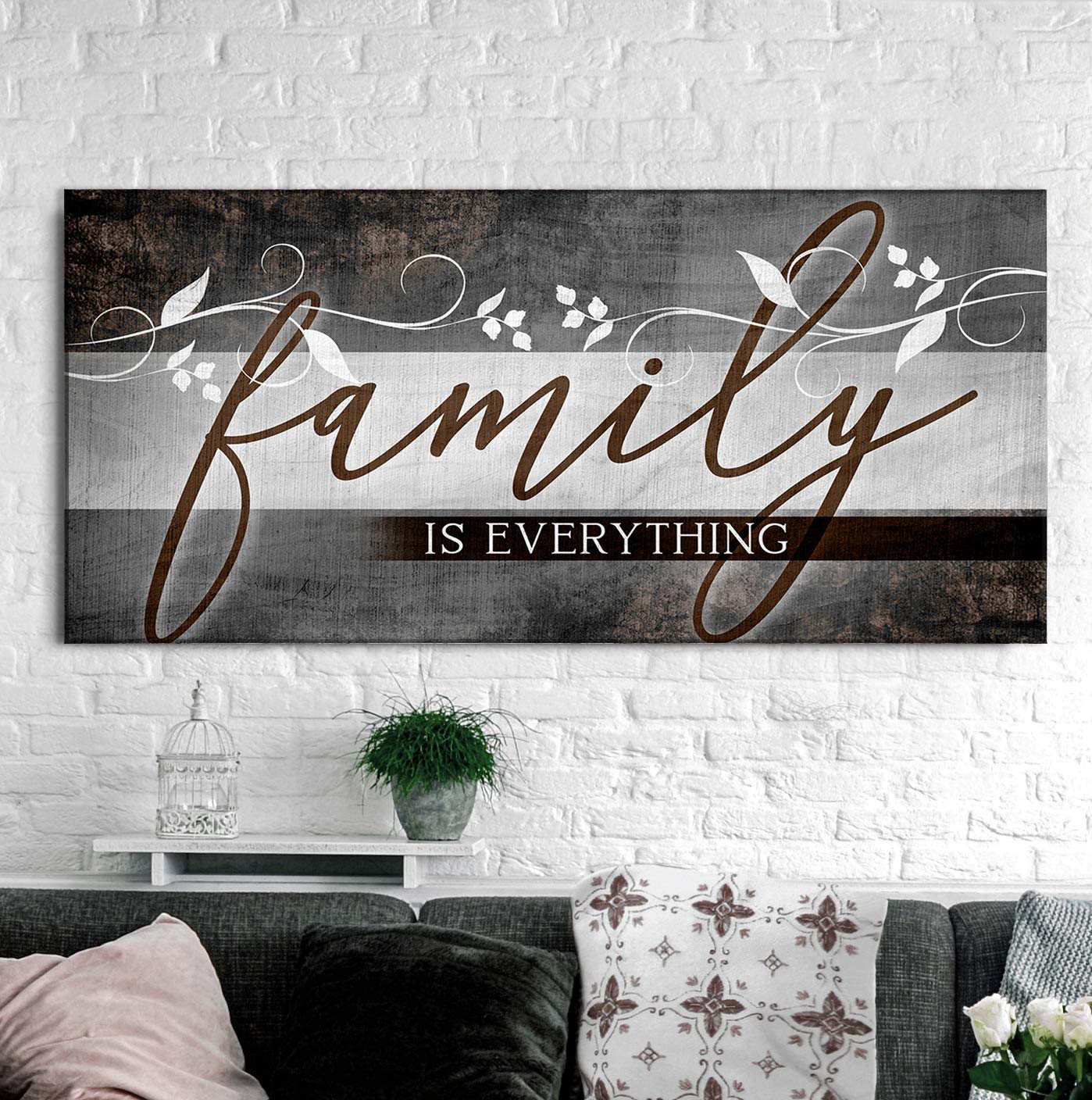 Family Is Everything Sign - Framed Wall Art Decor for Farmhouse, Living Room, Housewarming Gifts - Large Canvas Print (42x19 Inch, Brown) - Perfect for Home Decor & Family Room Wall Art