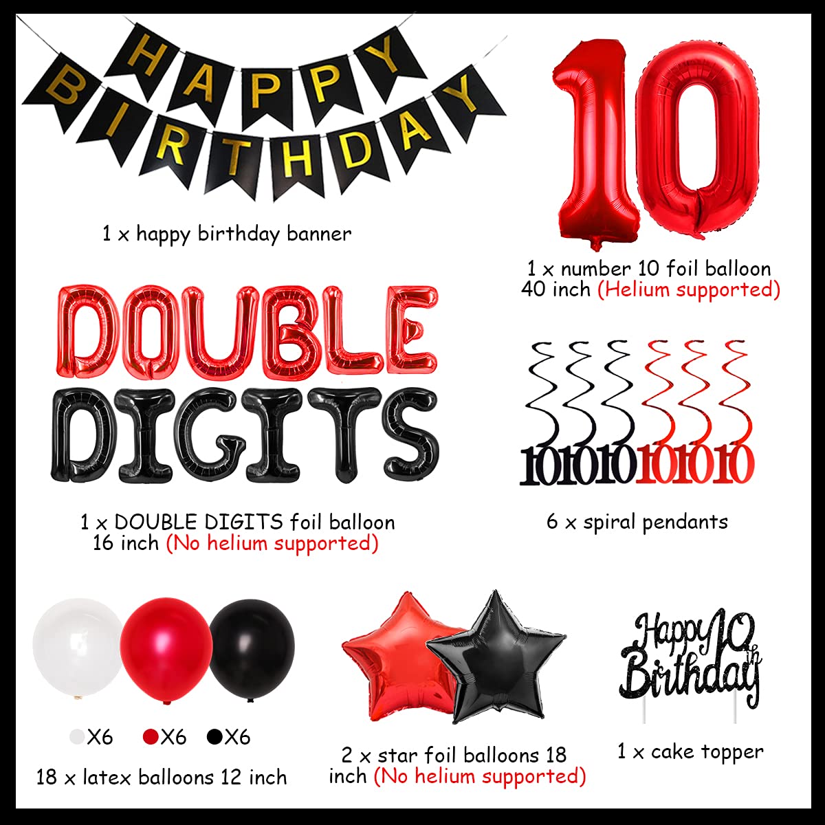 10th Birthday Party Decorations for Boys - Red & Black Double Digits Theme with Foil Balloons, Hanging Swirls, Cake Topper & Banner | Perfect for 10 Year Old Birthday Celebrations, Decorations & Photo Backdrops