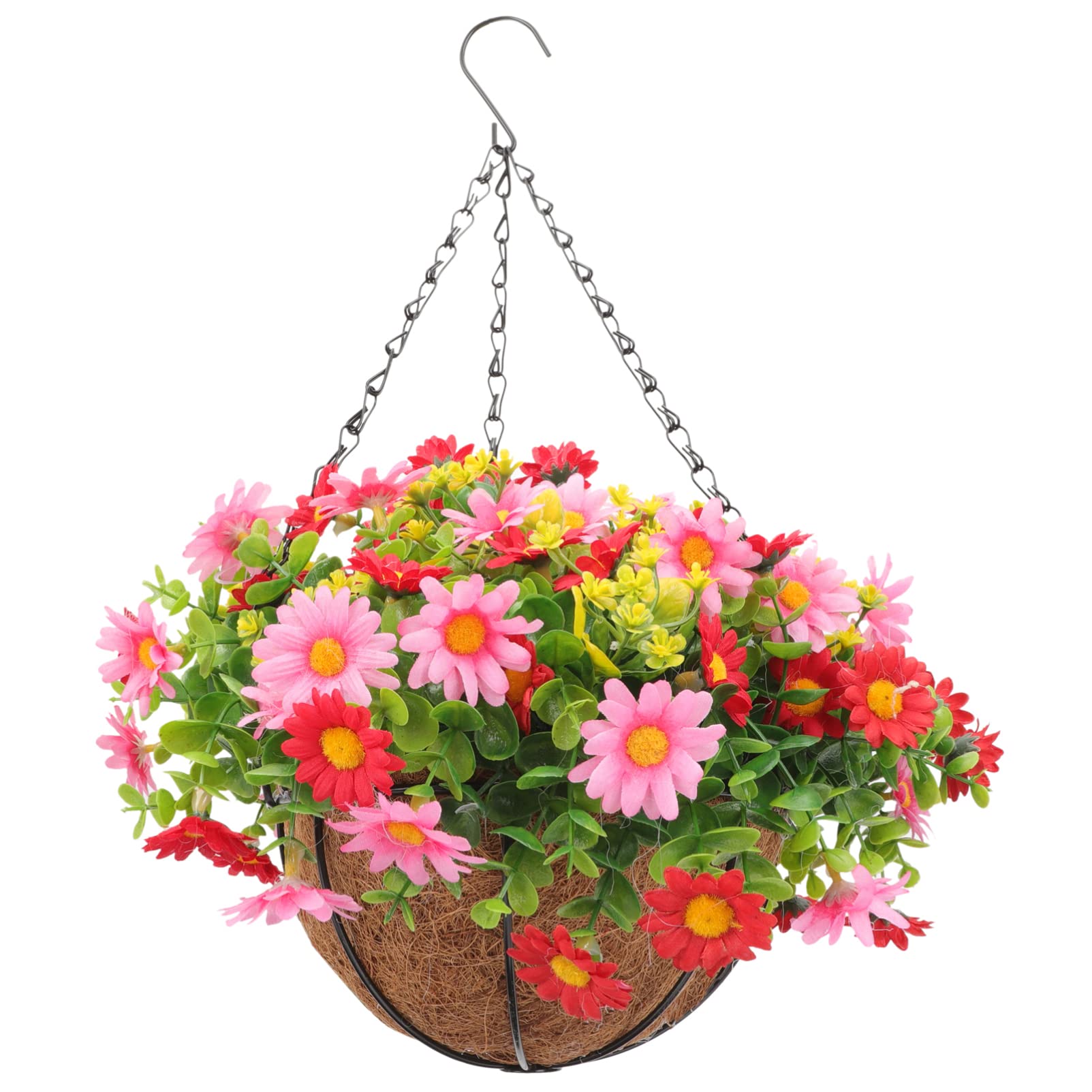 ERINGOGO Artificial Hanging Flowers Basket - Fake Roses & Daisies in Lining Planter, Faux Plants Decor for Indoor & Outdoor - Perfect for Porch, Patio, Garden, and Home Decoration