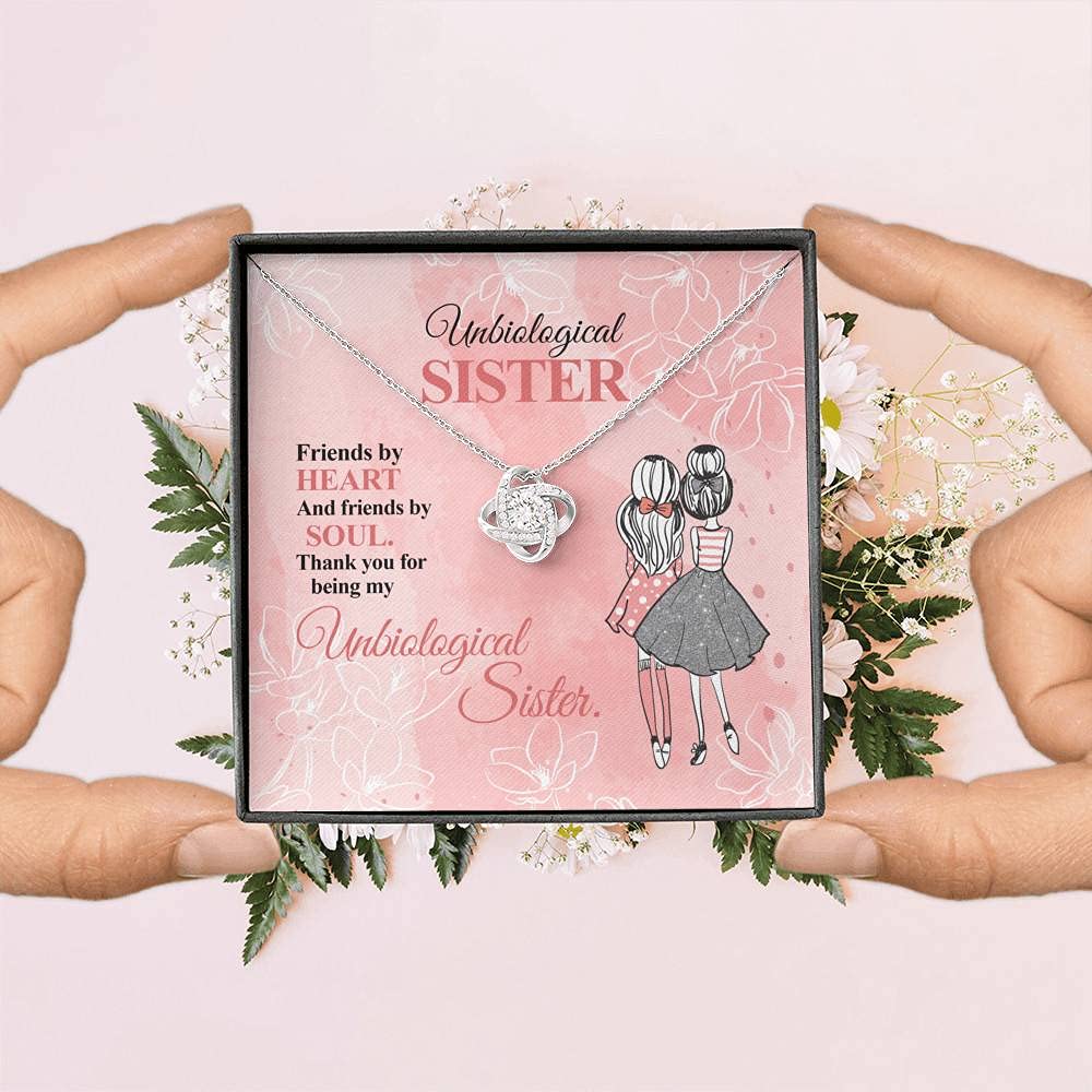 Unbiological Sister Friendship Love Knot Pendant Necklace - Heart & Soul Best Friend Jewelry Gift with Message Card & Luxury Gift Box - Perfect for Birthdays, Anniversaries & Sister Appreciation
