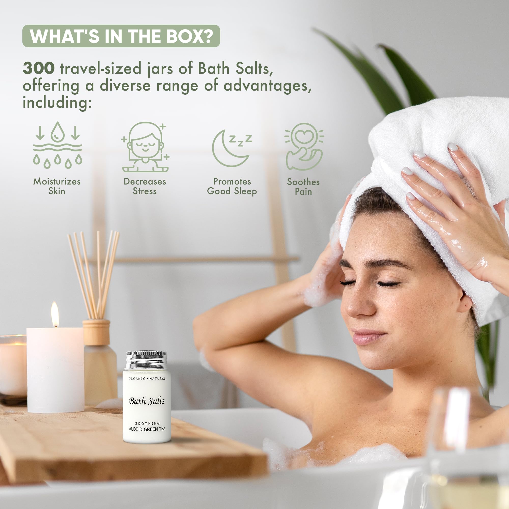 Soothing Aloe Vera & Green Tea Bath Salts for Relaxation - 1.2oz Travel Size Jars (Pack of 300) - Perfect for Hotels, Spas, and Self-Care Gifts