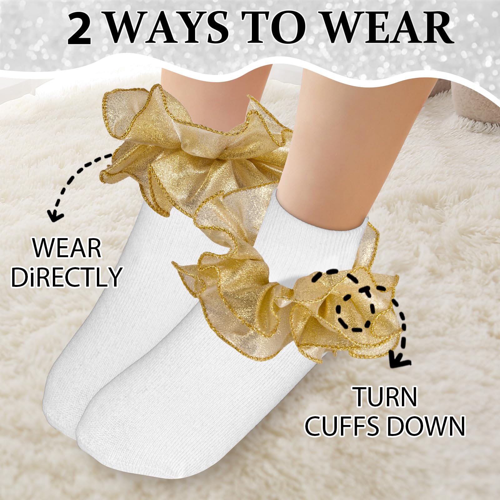 Big Ruffle Socks for Girls - Lace Frilly Dress Socks with Turn Cuff in White & Gold | Princess Style Kids Socks for Parties, Dresses & Special Occasions