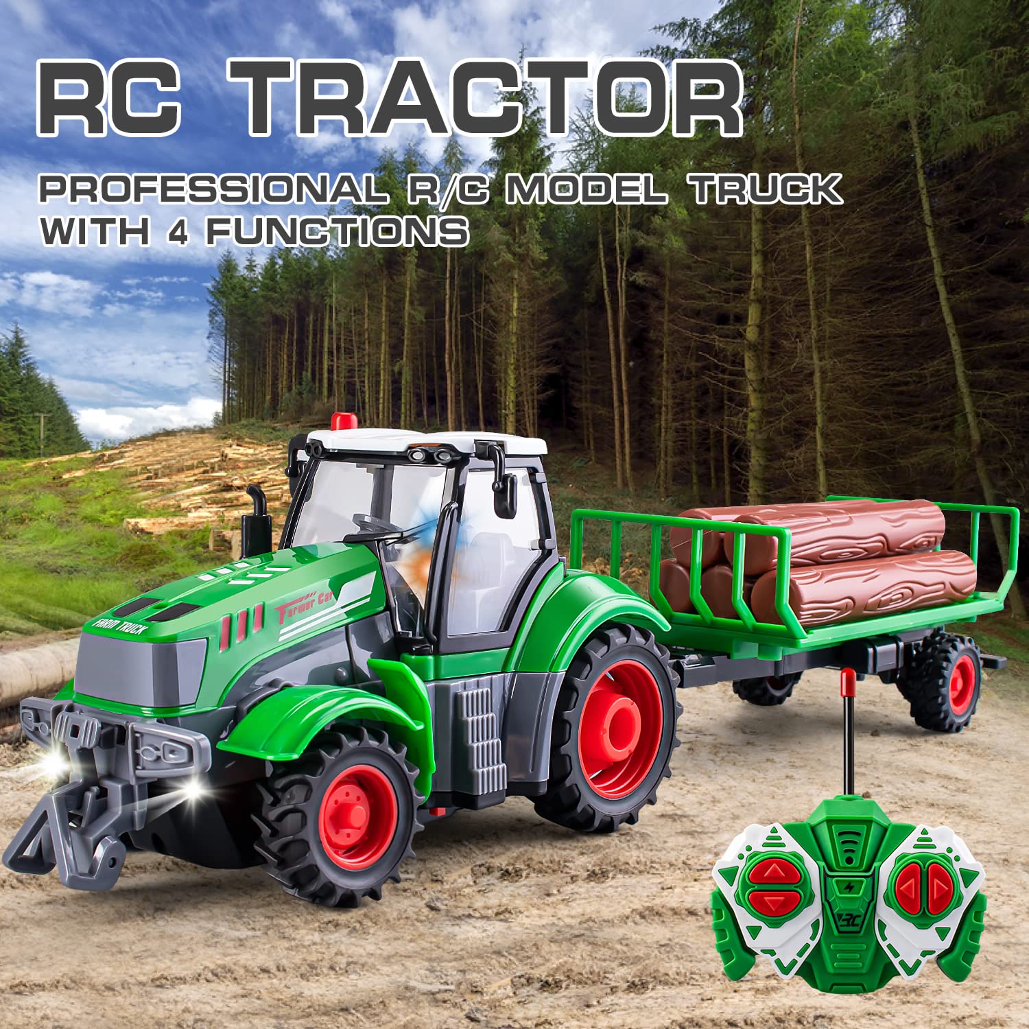 1/24 Scale Remote Control Tractor Toy with Log Trailer - Best Gift for 4-7 Year Old Boys | Kids Farm Vehicle Toy for Indoor & Outdoor Play | Birthday & Christmas Present for Toddlers