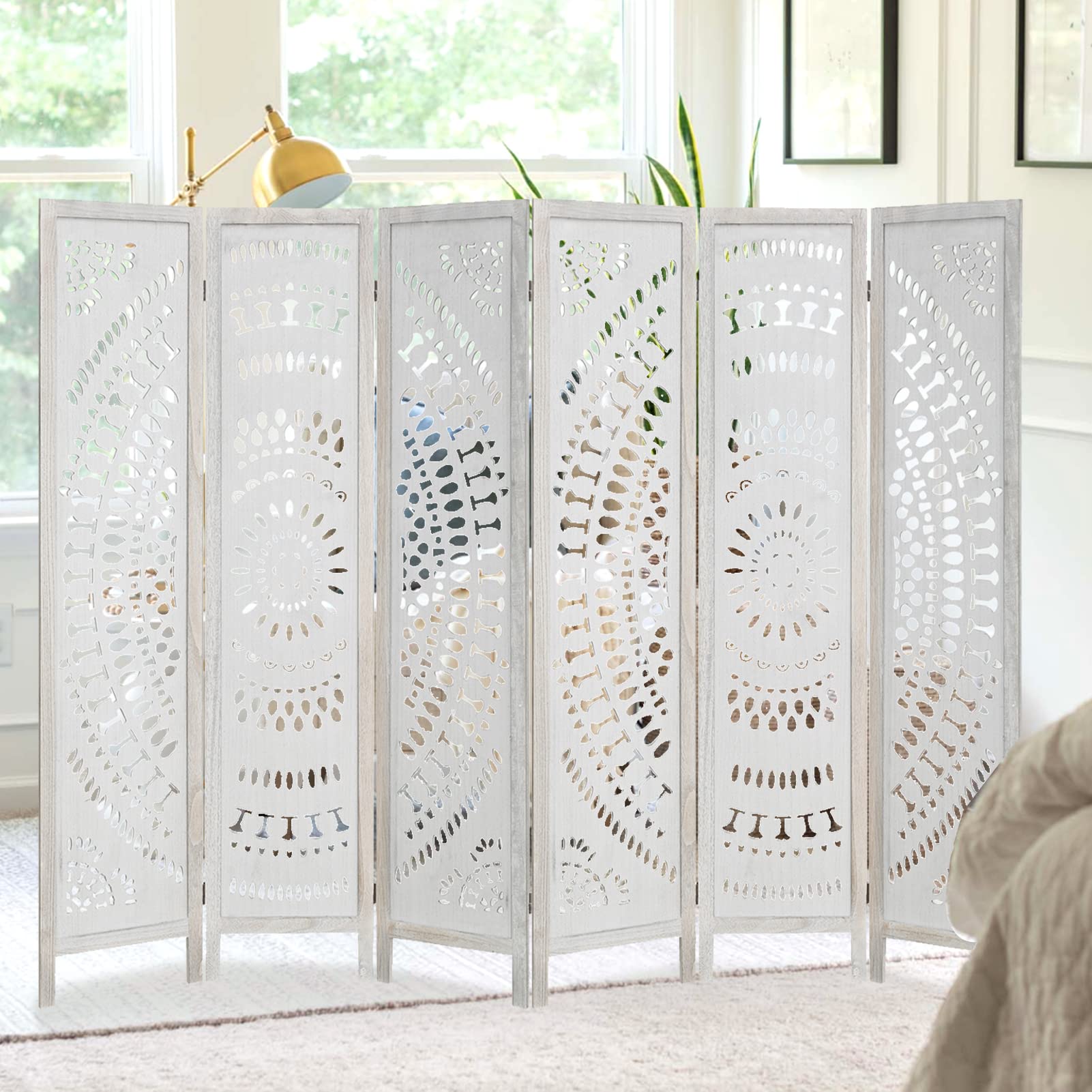 Babion 6 Panel Wooden Room Divider - 5.6 Ft Tall Folding Privacy Screen with Carved Design, White Home Office Partition for Bedroom, Living Room & Workspace (No Assembly Required, Double Hinged)