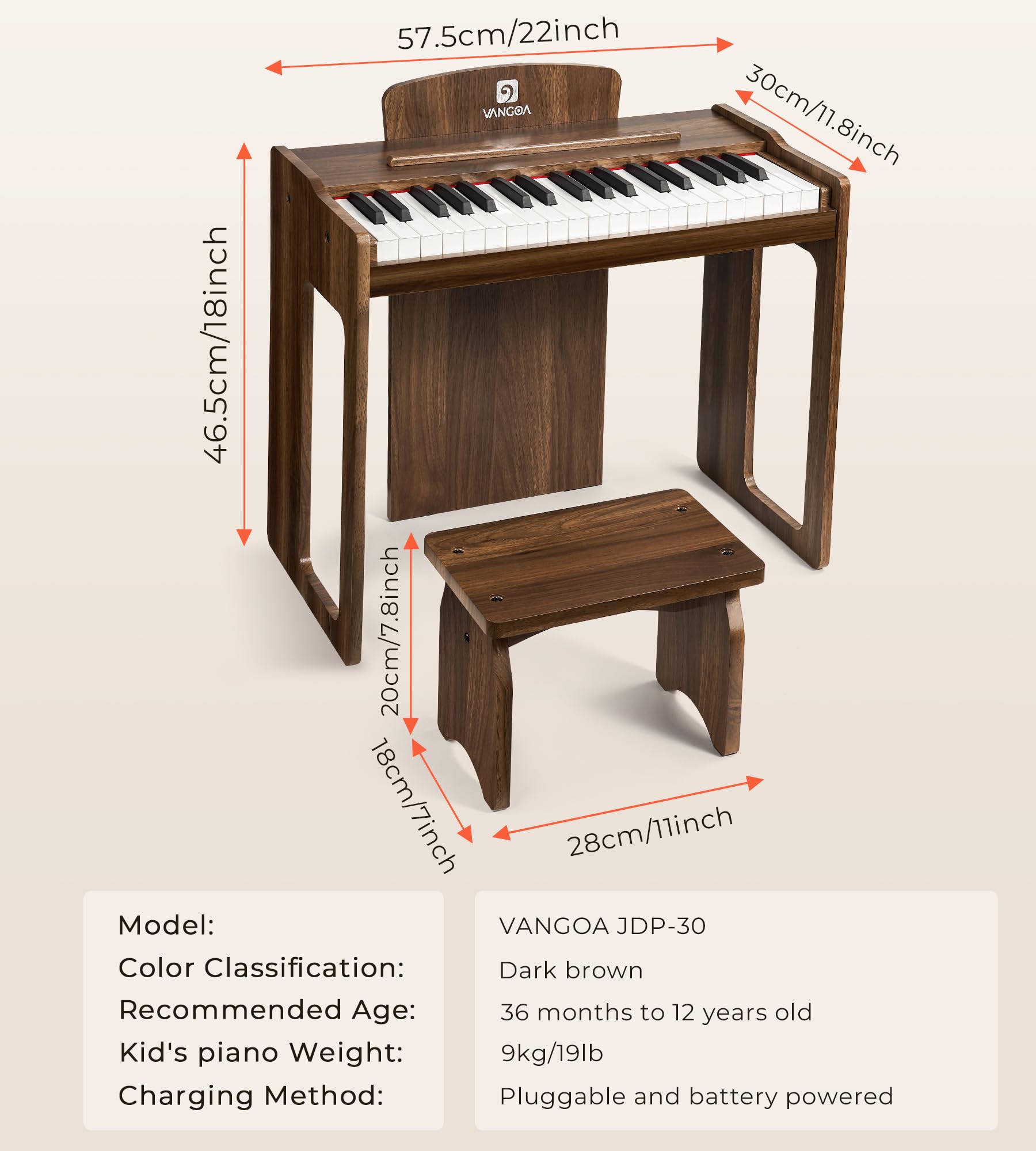 Vangoa 37-Key Kids Digital Piano Keyboard - Portable Electronic Piano for Children, Music Learning Toy with Wooden Design - Perfect for Home, School & Gift (Dark Brown)