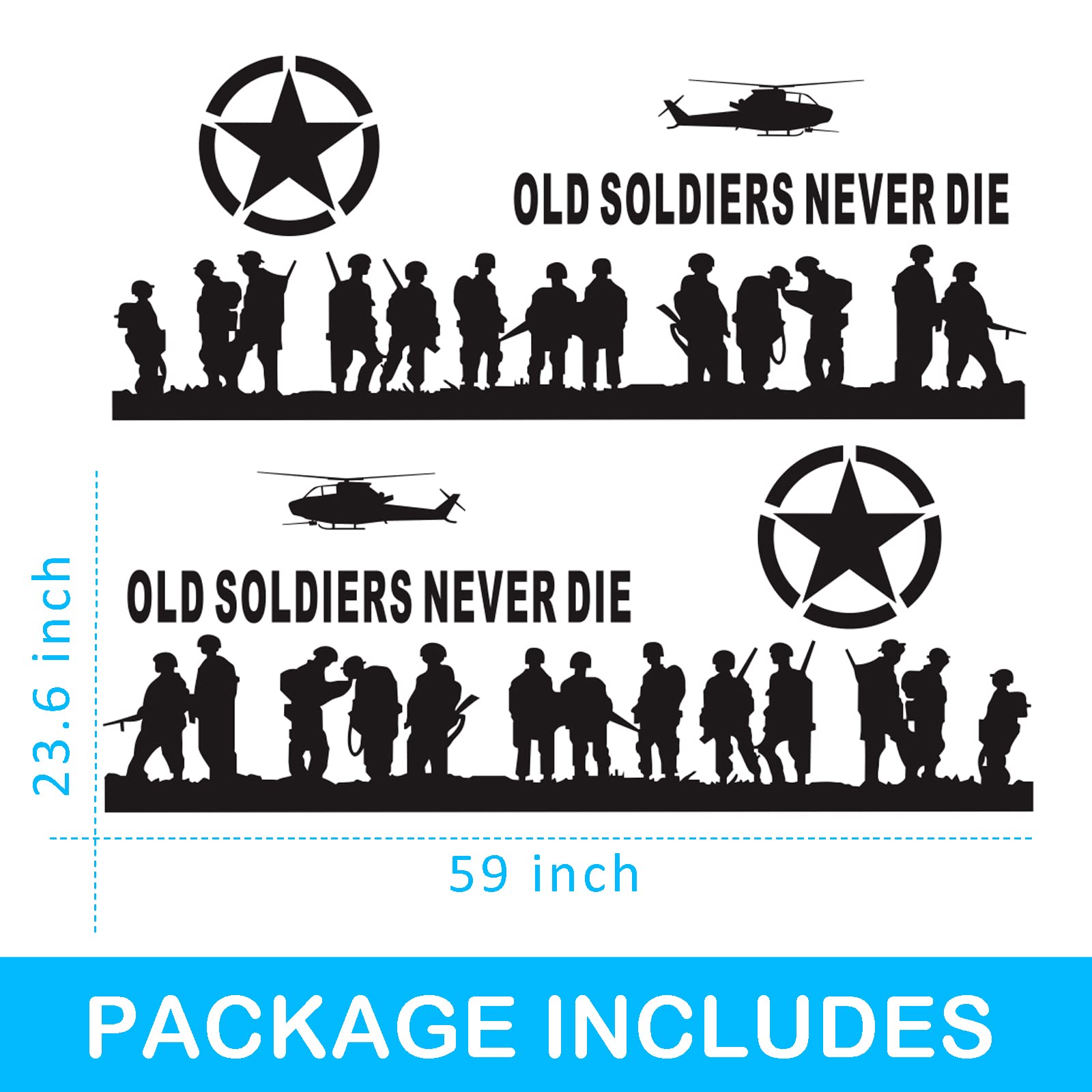 US Army Military Star Vinyl Car Stickers & Decals - Old Soldiers Never Die Truck Decals for Men - Patriotic Soldier Vehicle Side Sticker - Black - Perfect for Trucks, SUVs, Cars & Motorcycles to Show Military Pride