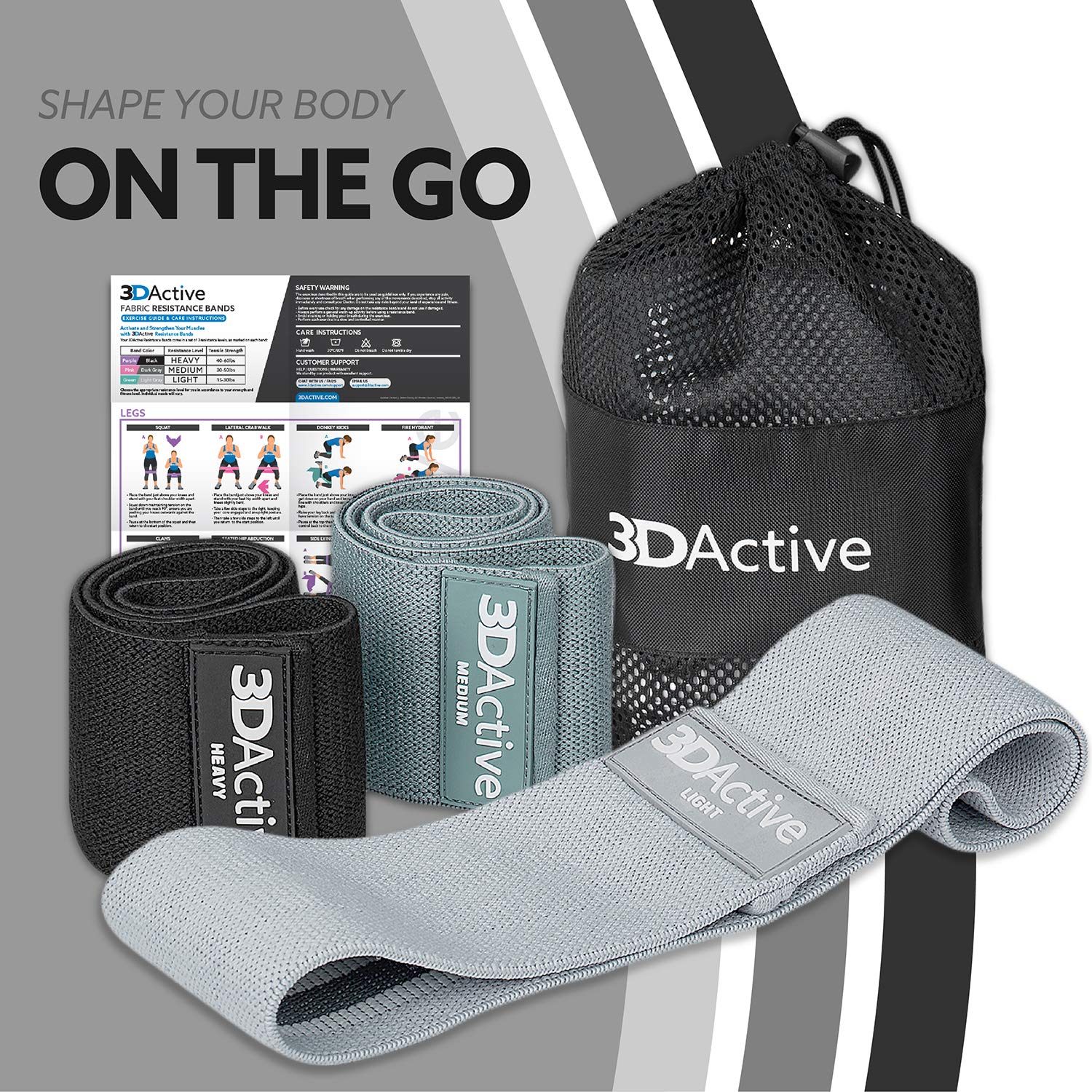 3DActive Fabric Resistance Bands for Legs & Butt Workouts - Non-Slip Hip Band Set for Home & Gym Training - Includes Exercise Guide & Carry Bag - Perfect for Toning, Strength Training & Physical Therapy