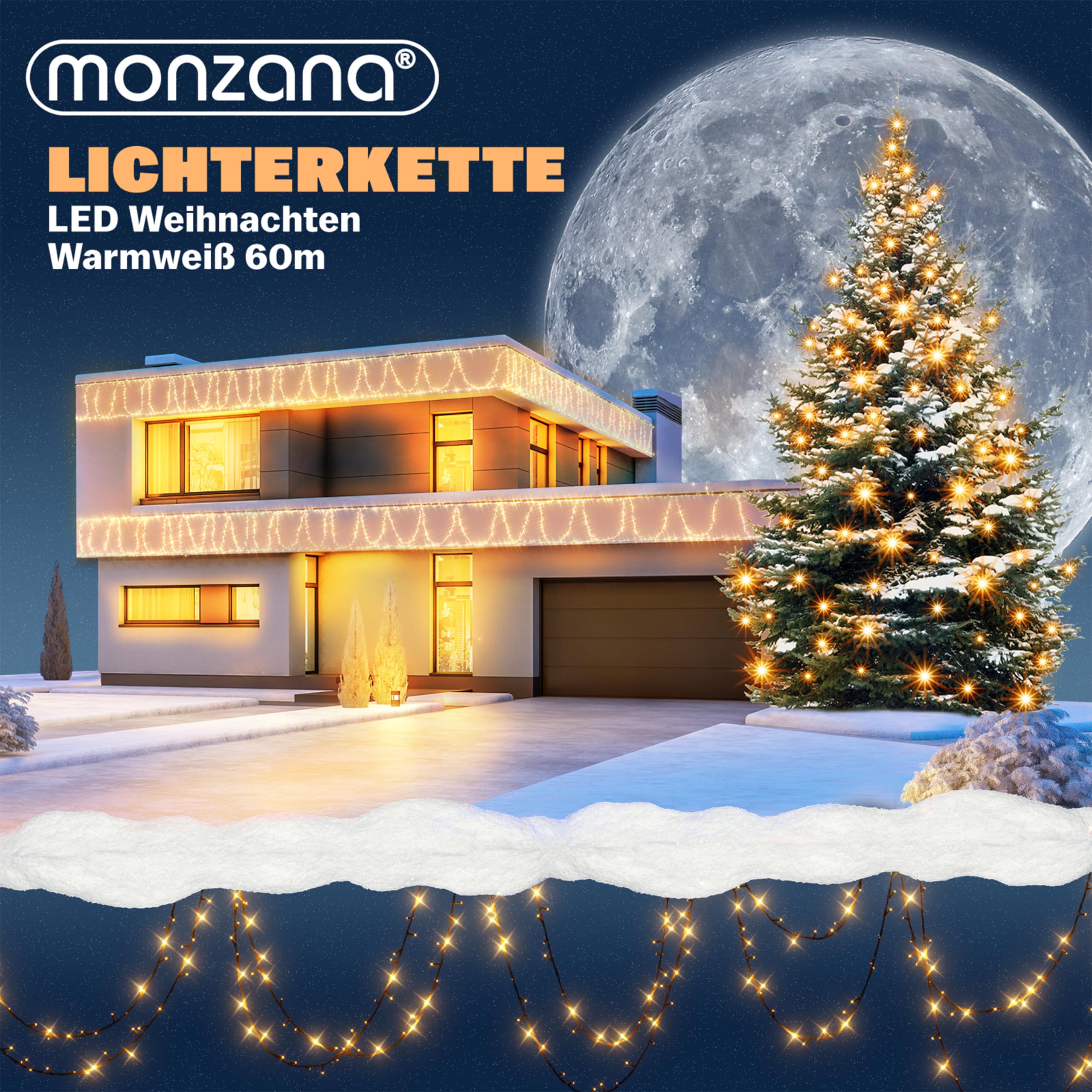 MONZANA® 600 LED String Lights 60m with Remote Control & Timer - 8 Modes, Dimmable, IP44 Waterproof for Indoor/Outdoor Use - Christmas Lights, Party Decor, Garden, Patio, Wedding Warm White Lighting
