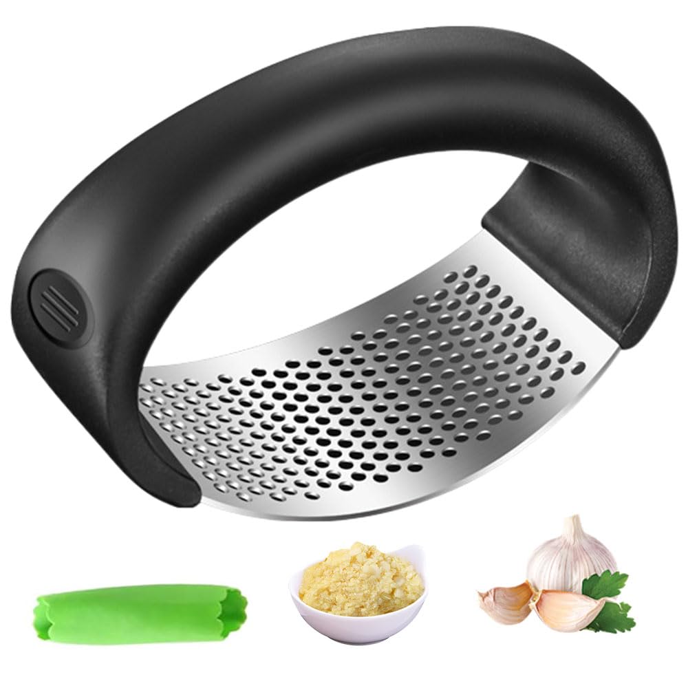 2024 Upgraded Stainless Steel Garlic Press Rocker Crusher & Masher with Peeler - Heavy Duty Kitchen Gadget for Chopping, Mincing Garlic - Perfect for Cooking, Meal Prep & Restaurants (Black, 1pc)