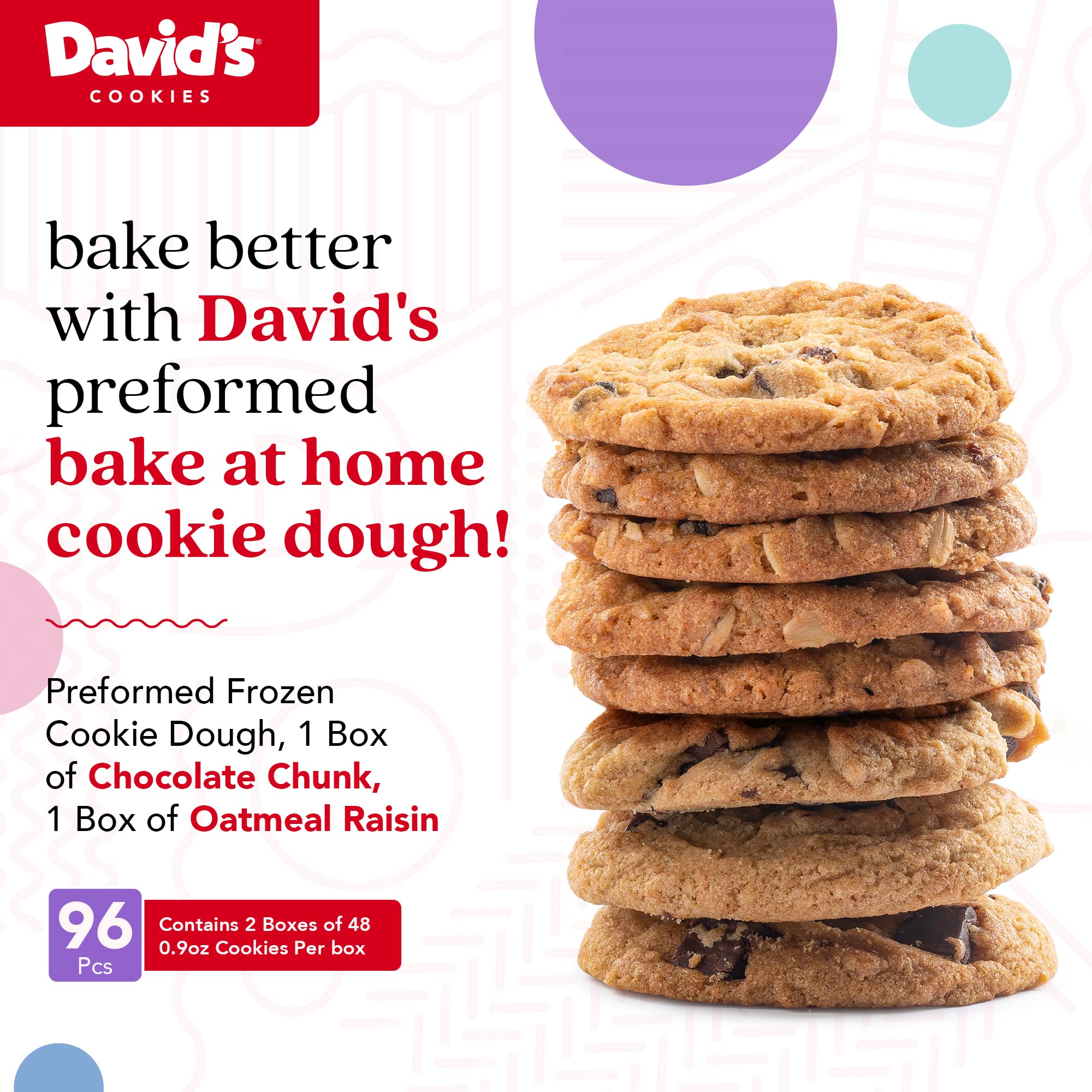 David's Cookies Frozen Preformed Cookie Dough - Chocolate Chunk & Oatmeal Raisin (80 Count) | Perfect for Parties, Baking, and Holiday Treats