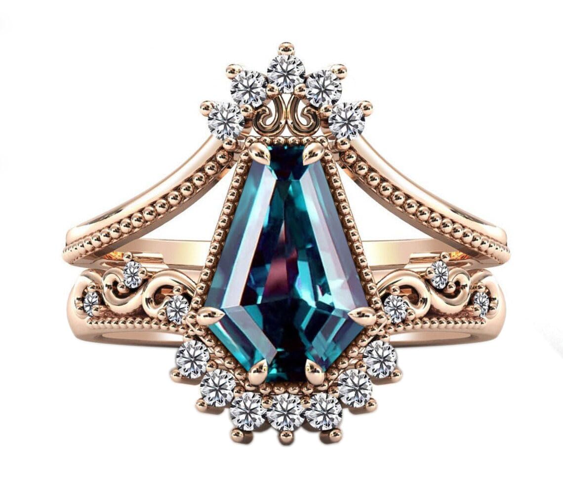 Art Deco Alexandrite Wedding & Engagement Ring Set in Rose Gold – Vintage Coffin Shaped 2-Piece Jewelry for Women, Anniversary Gift for Her | Perfect for Gothic Weddings, Victorian-Themed Proposals & Unique Valentine's Day Presents