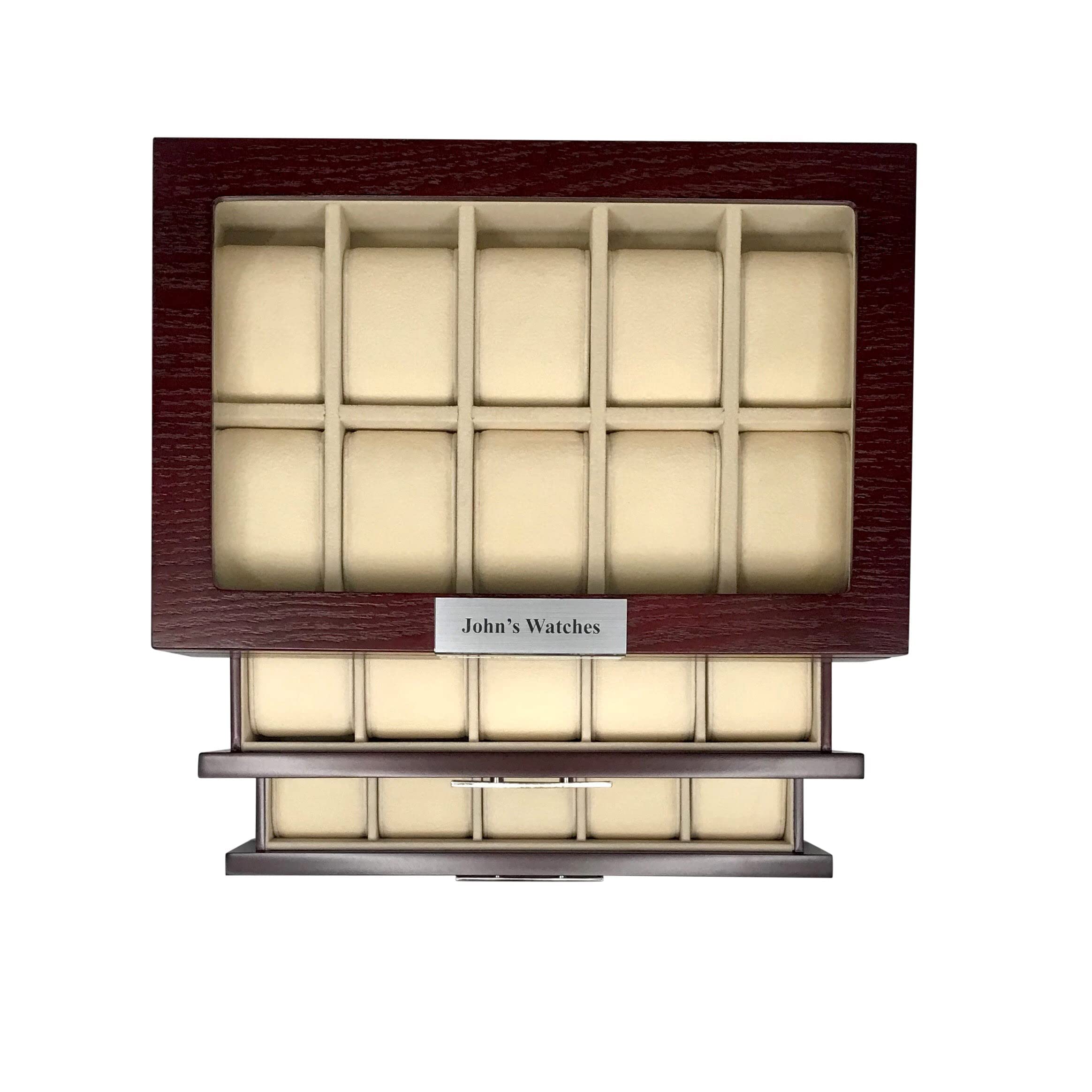 **30 Cherry Wood Personalized Watch Display Case - 3-Tier Jewelry Organizer with Glass Top, Stainless Steel Accents & 2 Drawers - Perfect for Watch Collectors & Jewelry Storage**    (优化要点：   1. 符合Google SEO规范，包含关键词如