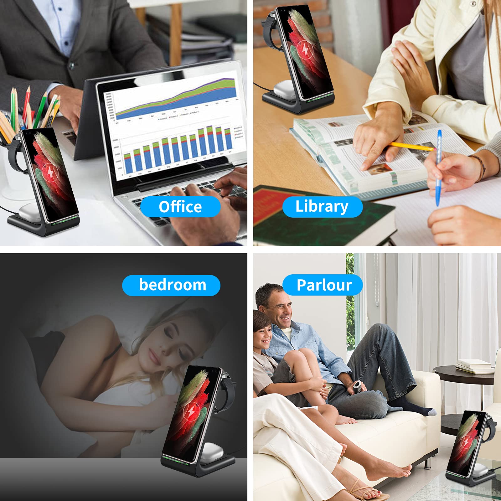 YOCUNKER 3-in-1 Wireless Charging Station - Fast Charger Dock for Samsung Galaxy Watch 5/4/3/2/Active 2/1/Gear S3, S22 Ultra/S21/S20/S10/Note 20/Z Flip 4/Z Fold 4/3, Buds+/Pro/Live (Black) | Perfect for Home, Office & Travel Charging Needs