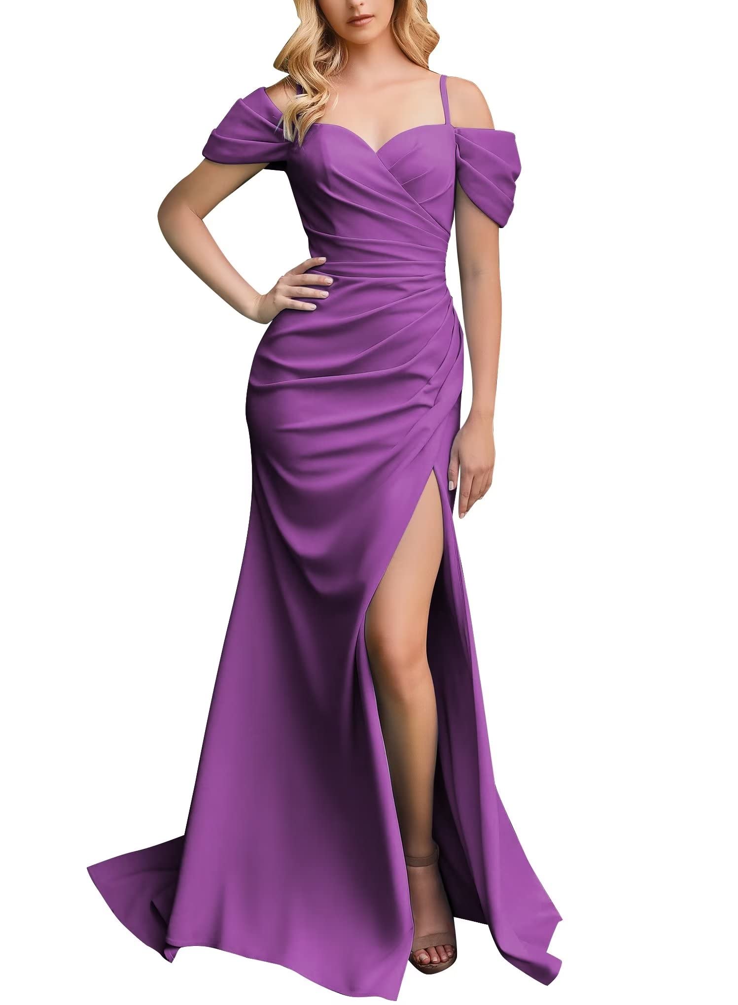 Elegant Off Shoulder Prom Dresses for Women - Satin Mermaid Bridesmaid Gowns with High Slit for Formal Evening Parties, Homecoming, Weddings & Special Occasions