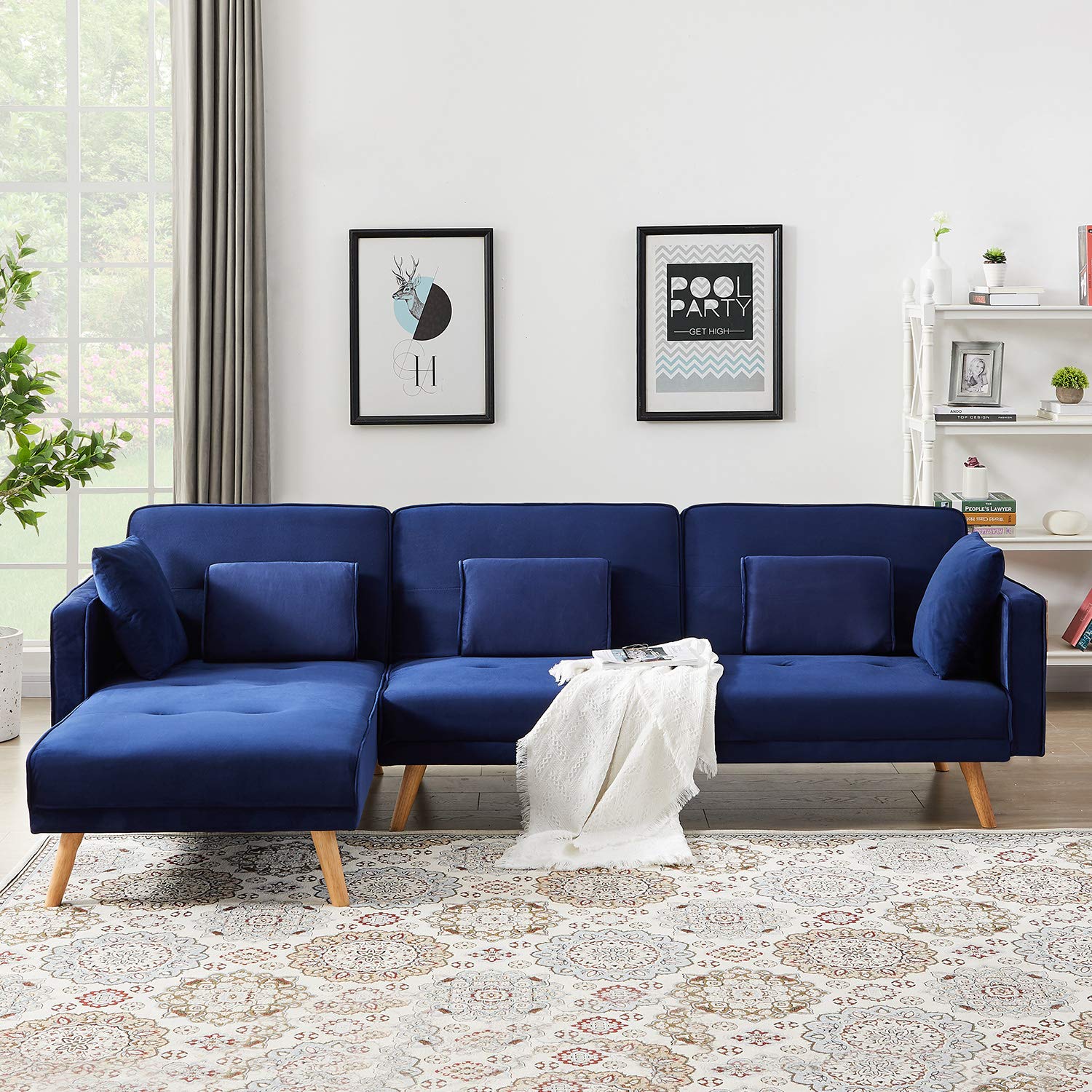 Eafurn L-Shaped Sectional Sofa Bed - Adjustable Backrest, Chaise Lounge & 3-Seater Upholstered Futon Couch with Solid Wood Legs - Left-Facing Tufted Living Room Sofa with 5 Throw Pillows - Perfect for Small Spaces, Apartments & Family Movie Nights