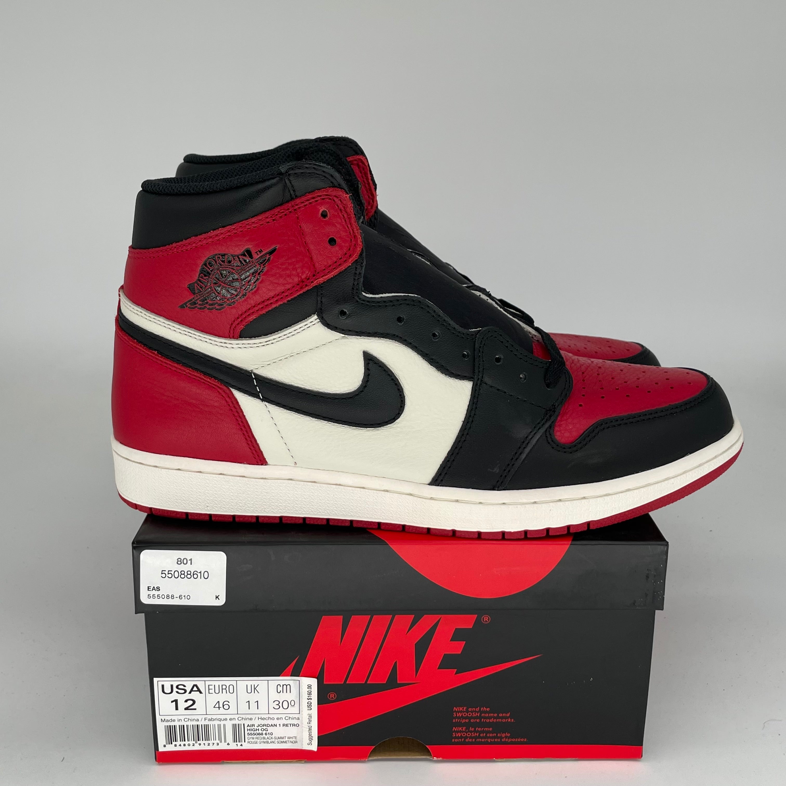 Air Jordan 1 Retro High OG 'Bred Toe' Men's Basketball Shoes Size 12 (555088-610) - Perfect for Sneaker Collectors & Streetwear Fashion