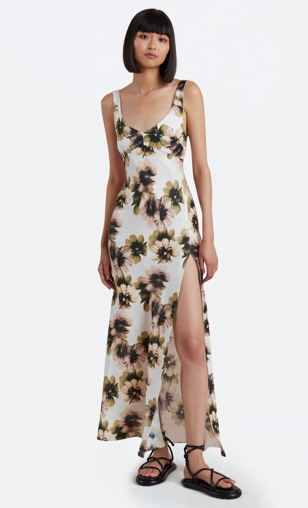 Bloom Linen Maxi Dress for Women - Ivory Floral Print Summer Beach Dress, Boho Chic Flowy Long Dress for Vacation, Wedding Guest, Party & Casual Wear