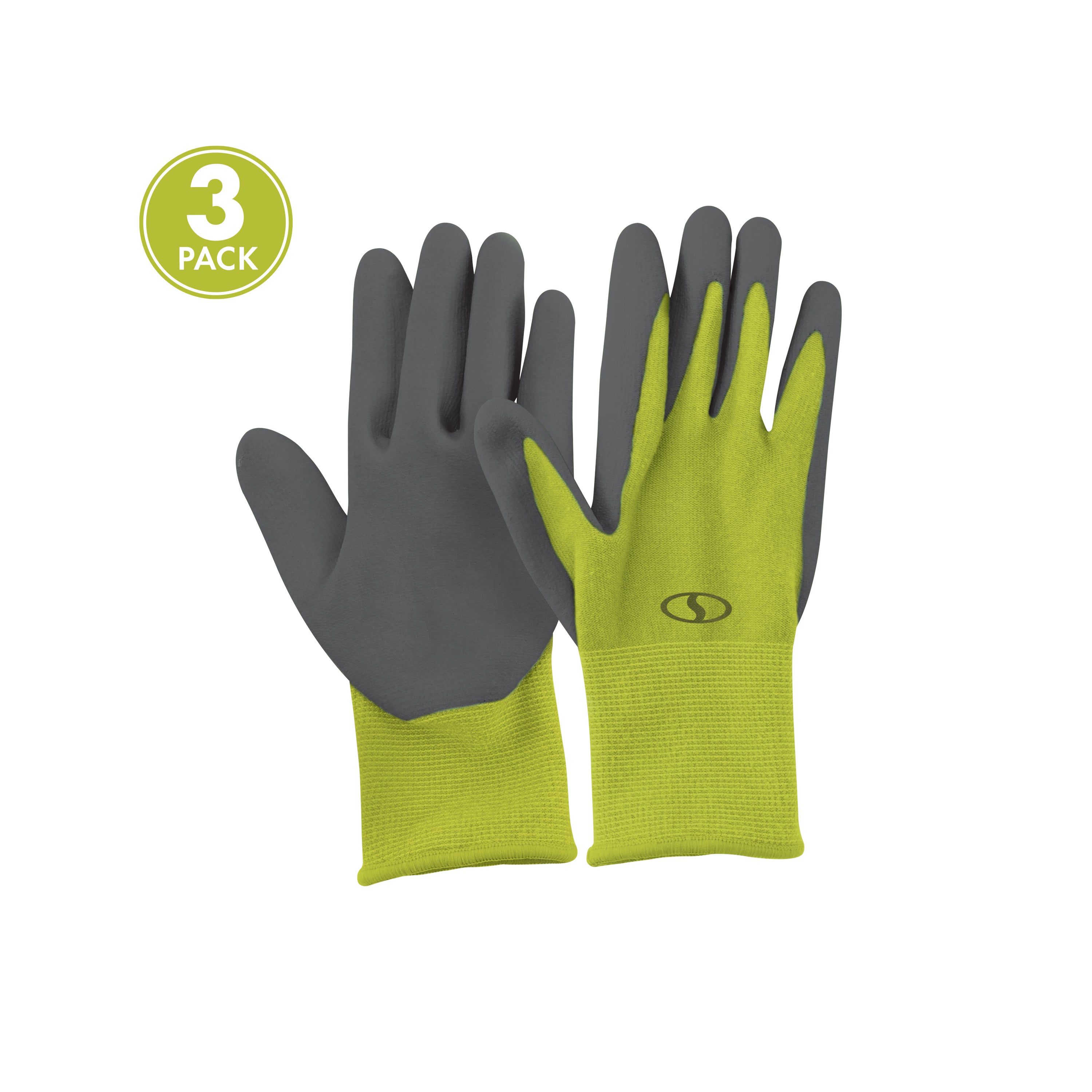 Sun Joe GGNP S3 SJG Reusable Nitrile Gardening Gloves - Washable, Durable & Tactile Grip for DIY, Cleaning, Yard Work - One Size Fits Most - 3 Pack (Green) - Perfect for Planting, Landscaping & Home Improvement Projects