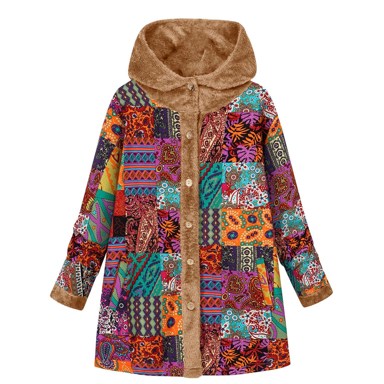 Women's Winter Fleece Jacket - Aztec Print Sherpa Lined Shacket with Hood & Button Front | Cozy Long Sleeve Outerwear for Cold Weather | Perfect for Hiking, Camping & Casual Winter Outfits