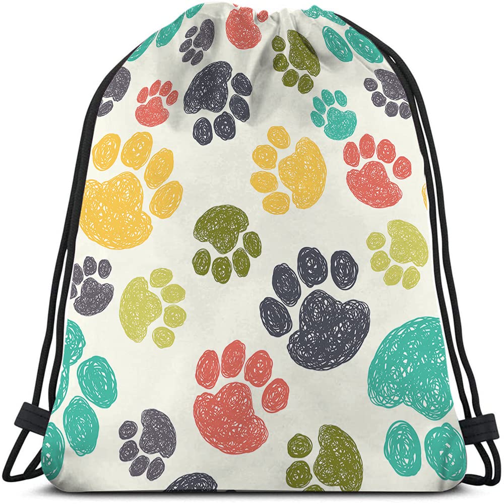 Cute Paw Print Drawstring Backpack - Colorful Hand Drawn Doodle Pet Puppy Footprint Gym Sack for Yoga, Sports, Travel | Waterproof Lightweight String Bag for Men & Women - Perfect for Gym, Beach, School & Outdoor Activities