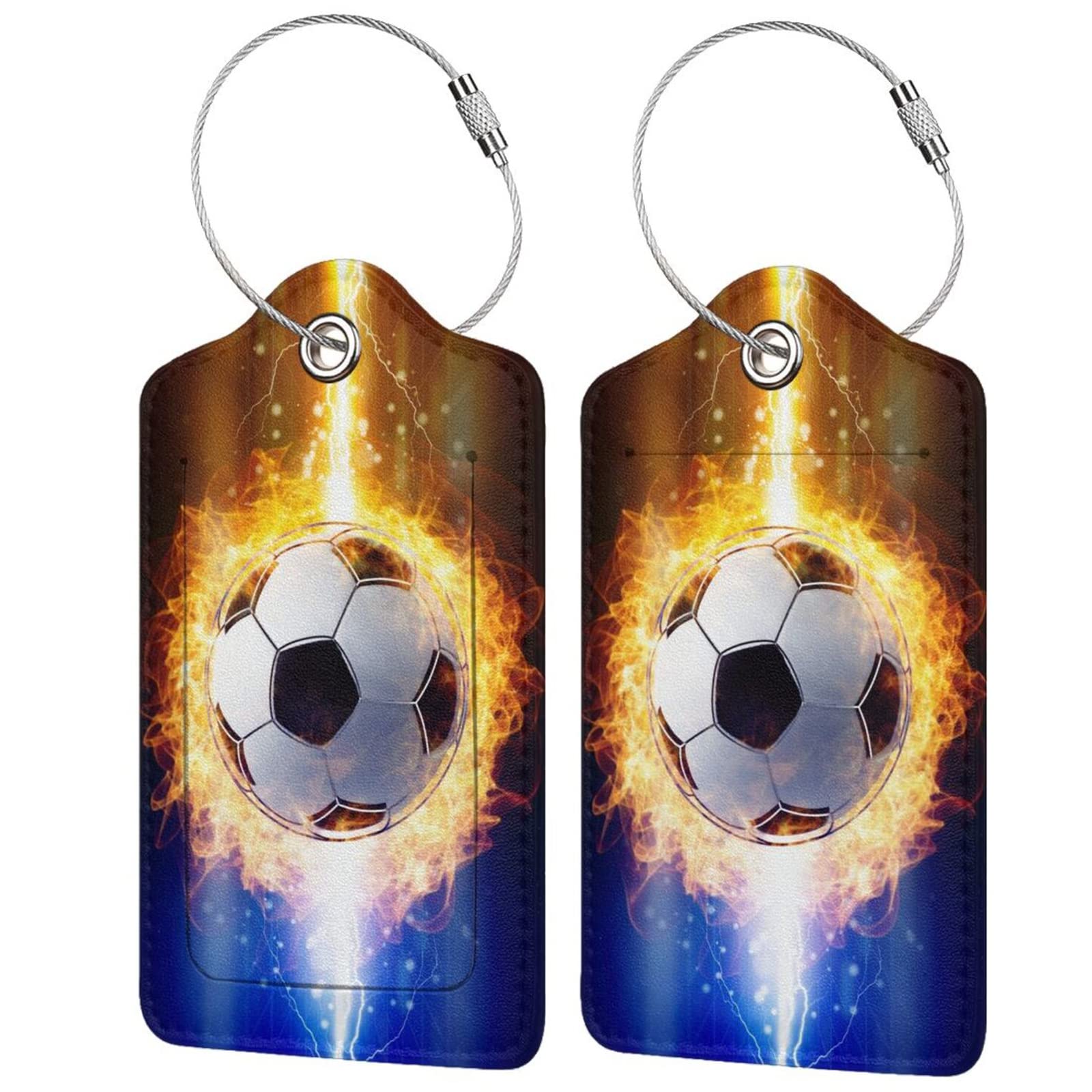 2-Piece Kids Luggage Tags for Suitcases - Leather Travel Bag ID Tags with Soccer Ball Design for Boys, Girls, Men & Women - Secure Privacy Cover - Perfect for Sports Travel, School Trips & Vacation Identification