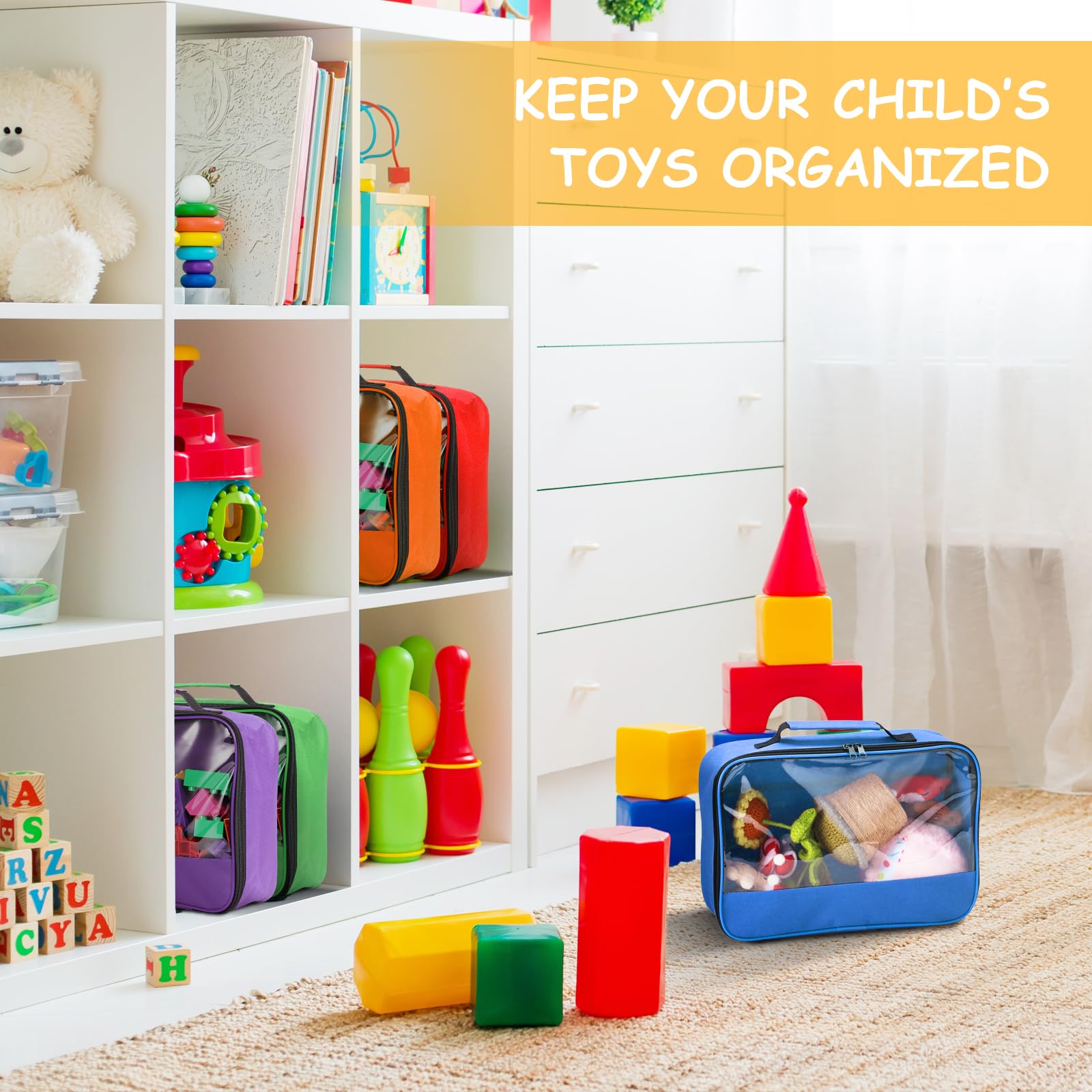 6 Pack Reusable Toy Storage Bags with Zipper & Portable Handle - Organizer for Building Blocks, LEGO Bricks, Puzzles, Books & Board Games - Perfect for Kids Room, Travel & Playroom Organization