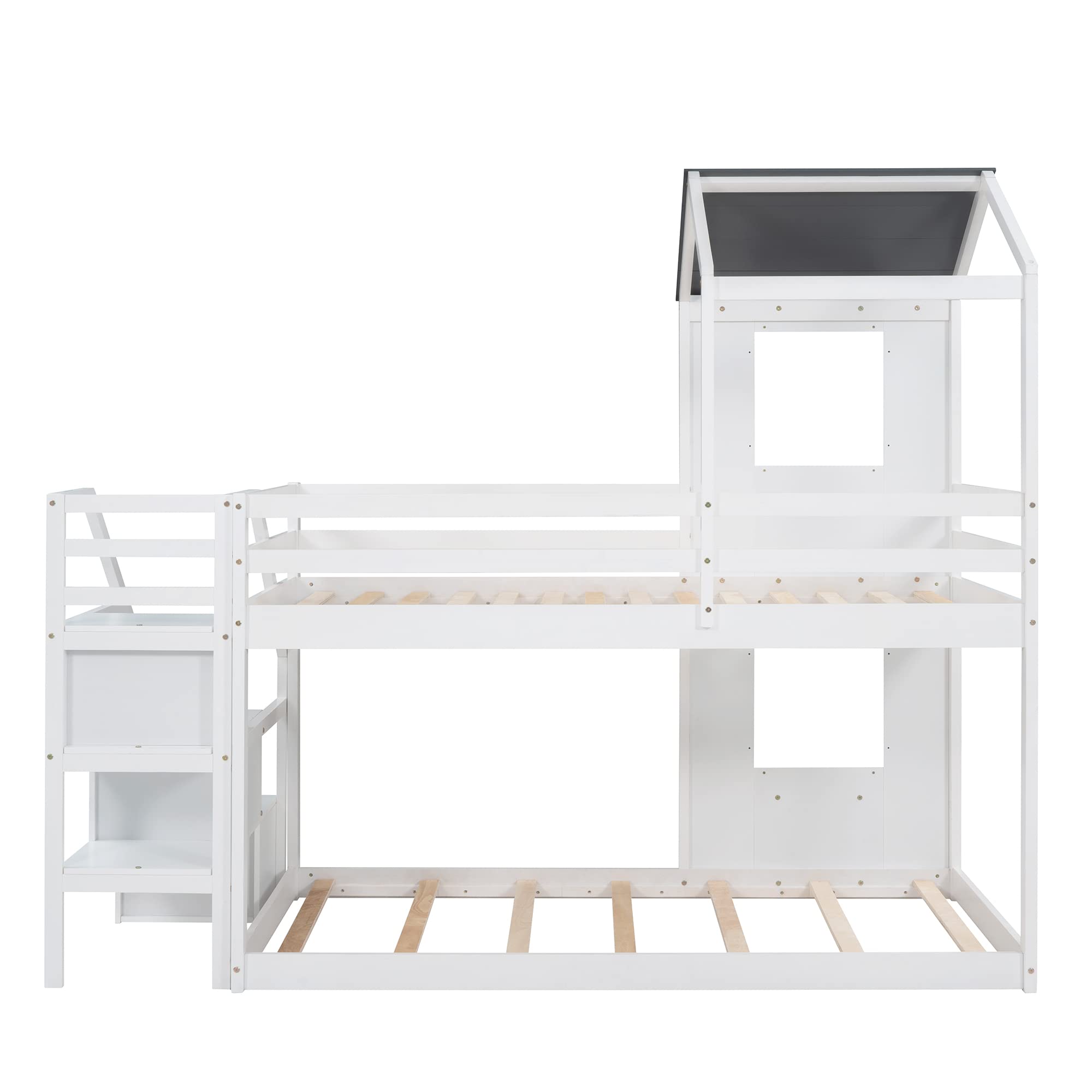 Polibi Twin Over Twin Wooden Bunk Bed with Storage Stairs, Roof, Window, Ladder & Guardrails - Space Saving Kids Bedroom Furniture for Small Rooms (White) - Perfect for Shared Kids' Rooms, Sleepovers and Vacation Homes