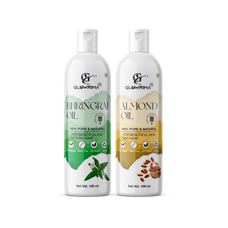 Glowrima 100% Pure Bhringraj Oil & Almond Oil Combo (100ML Each) for Rapid Hair Growth, Anti Hair Fall, Split Ends Repair - Promotes Softer, Shinier Hair - Pack of 2 - Perfect for Daily Hair Care & Scalp Massage