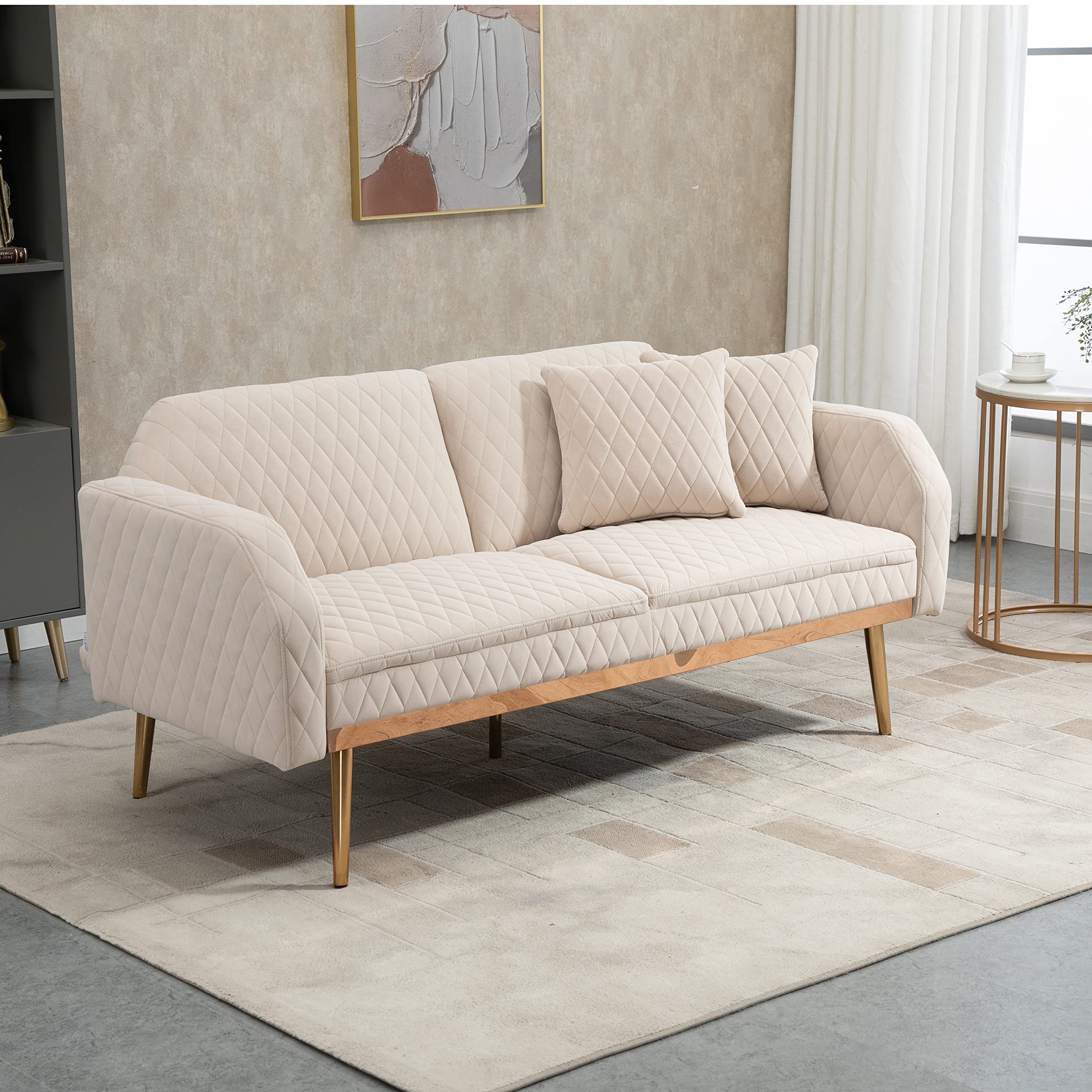 Velvet Convertible Loveseat Sofa Bed with Rose Gold Metal Legs - Modern Upholstered Futon Couch for Living Room, Bedroom & Home Office - Includes 2 Decorative Pillows (Beige) | Perfect for Small Spaces, Guest Rooms & Cozy Reading Nooks